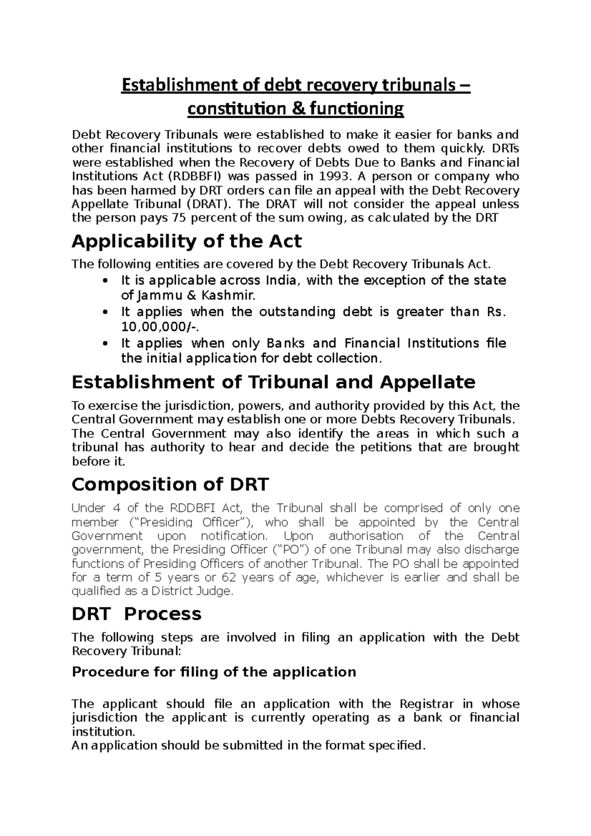 Establishment of debt recovery tribunals DRTs were established when