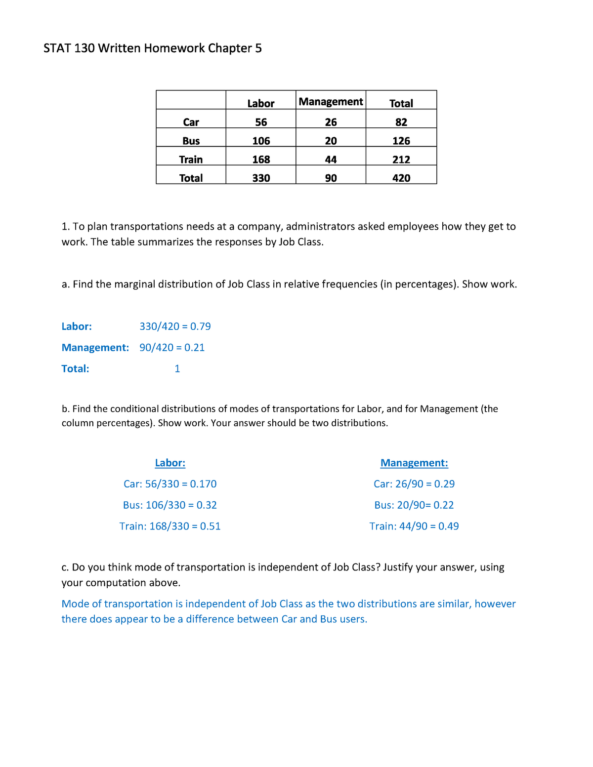 Stats 130 Written Homework Chapter 5 Sol - 1. To Plan Transportations ...