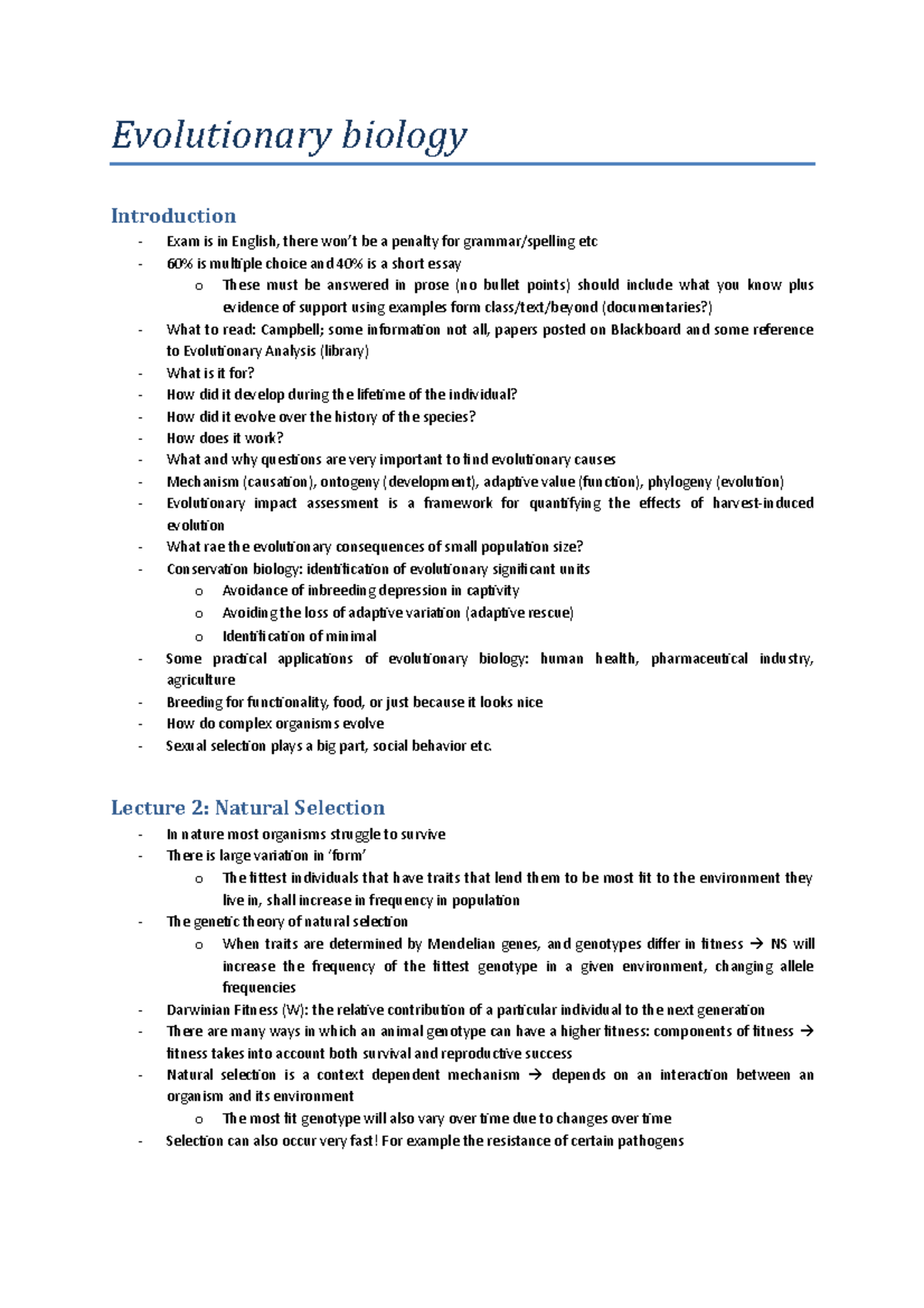 2019 0304 Evolutionary Biology - Evolutionary Biology Introduction Exam ...