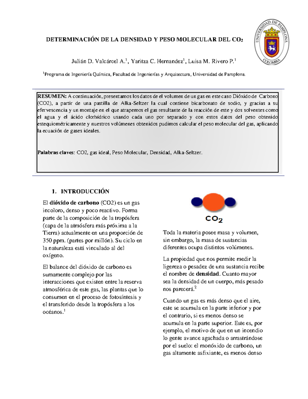 Informe Determinación De La Densidad Y Pm Del Co2 Lq DeterminaciÓn De La Densidad Y Peso