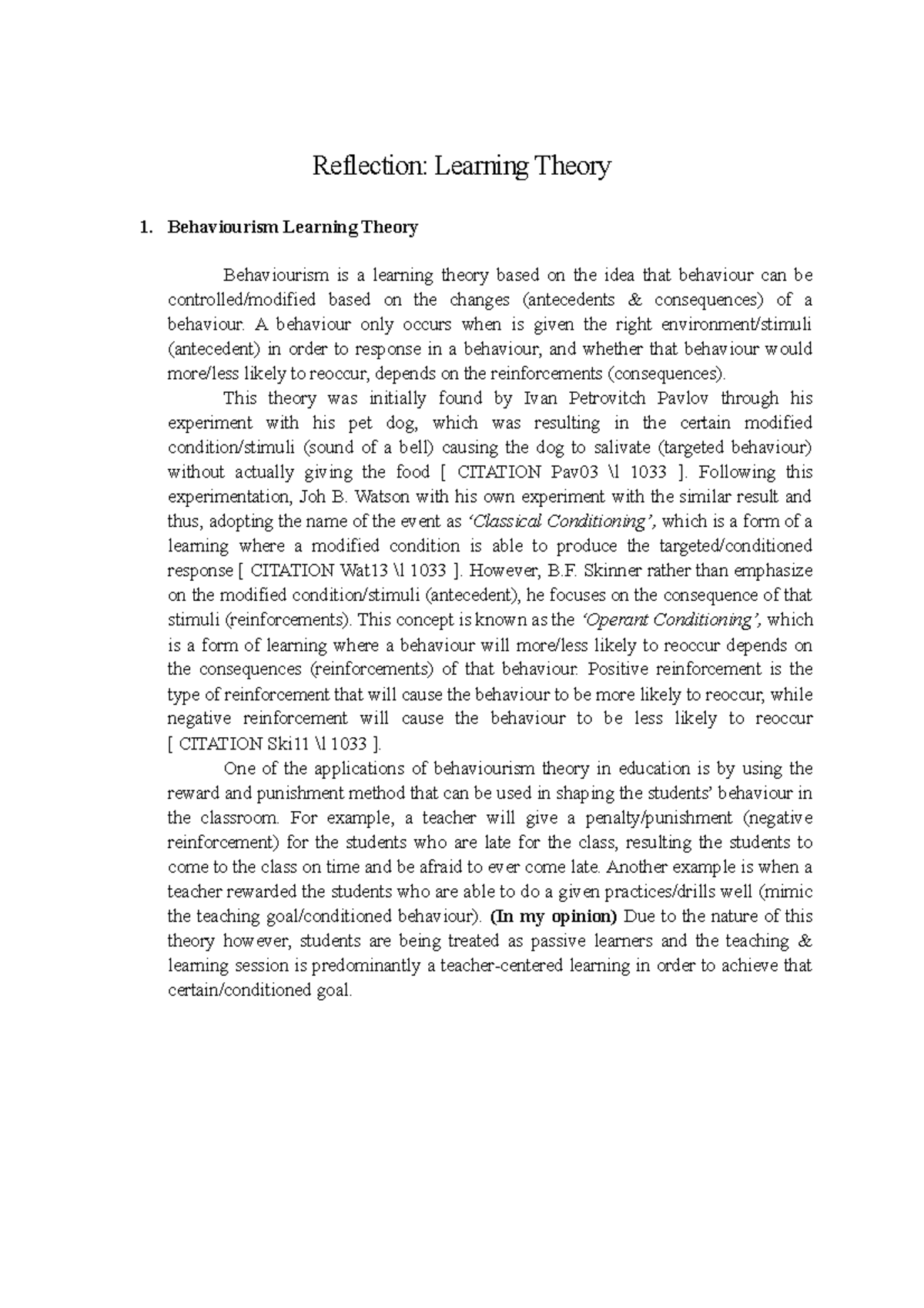 reflection essay on learning theory