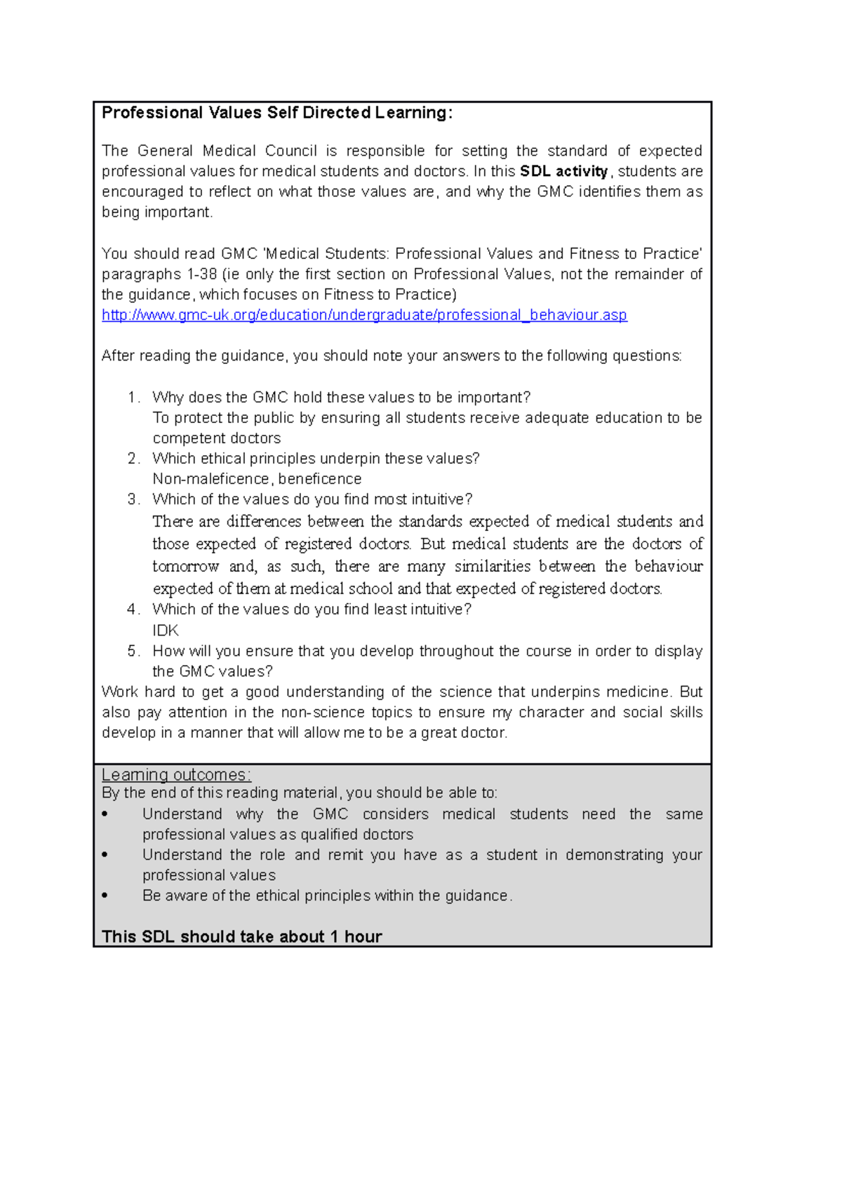 Professional Values Self Directed Learning - In this SDL activity ...