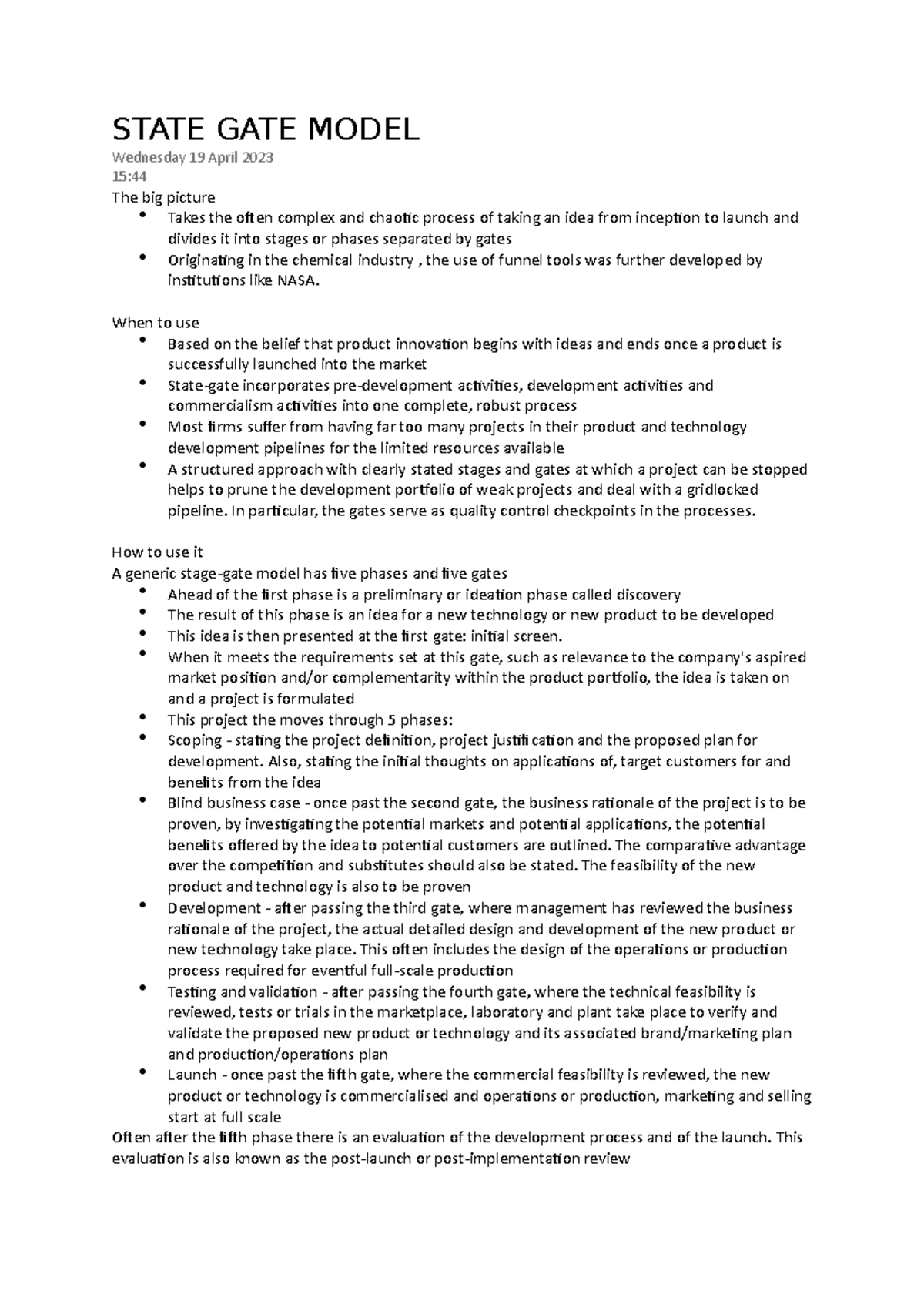 State Gate Model STATE GATE MODEL Wednesday 19 April 2023 15 The big