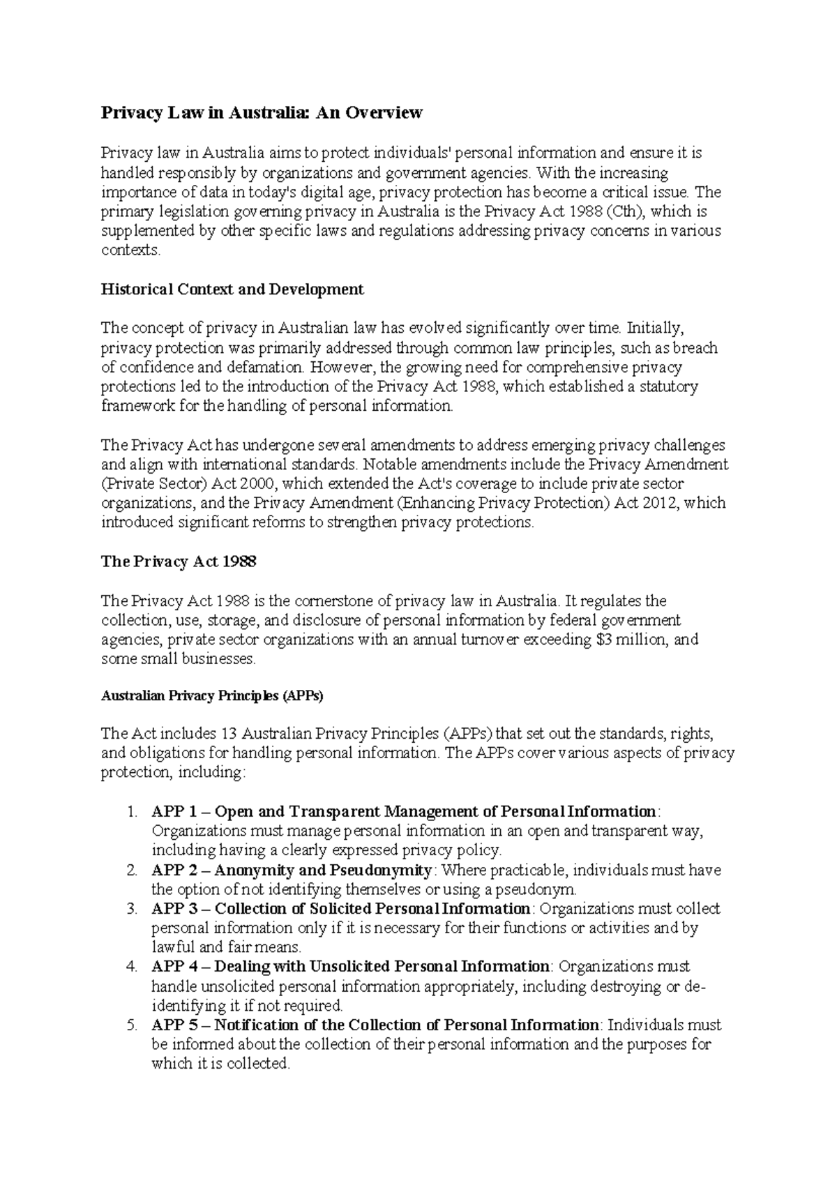 Privacy Law in Australia - With the increasing importance of data in ...