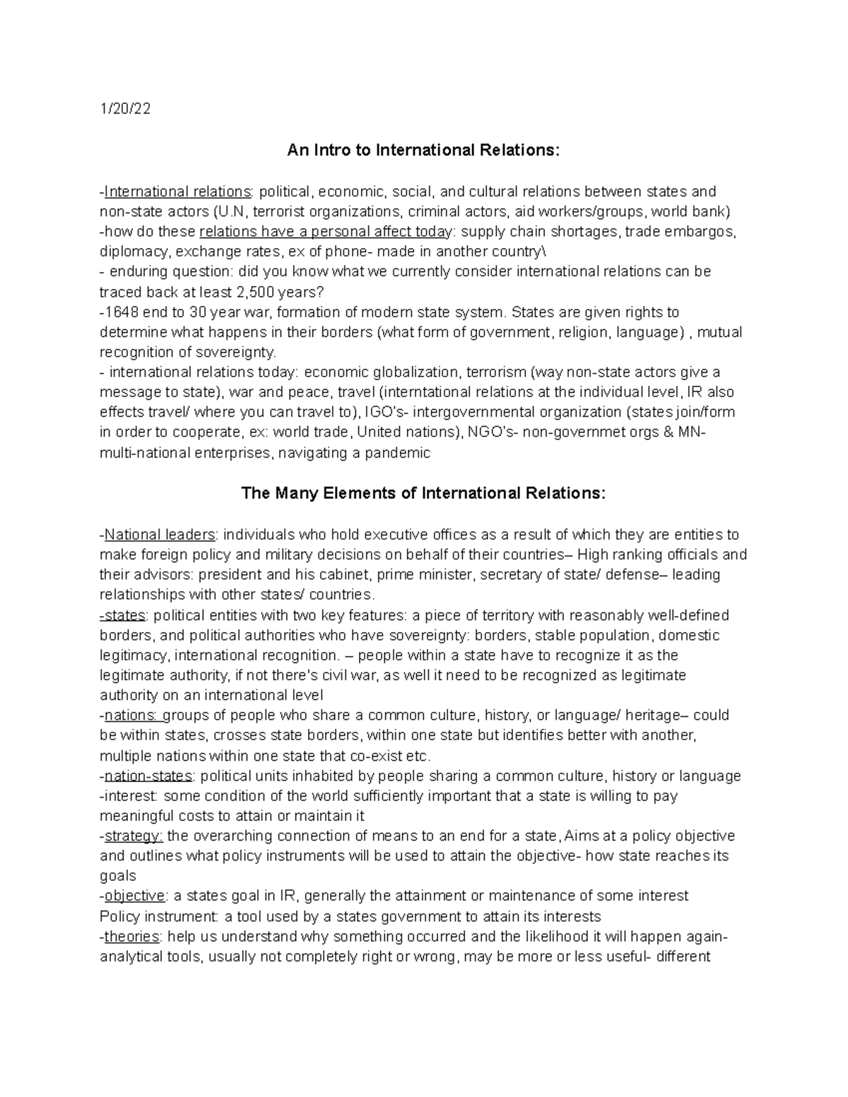 Posc 230 exam 1 study guide - 1/20/ An Intro to International Relations ...