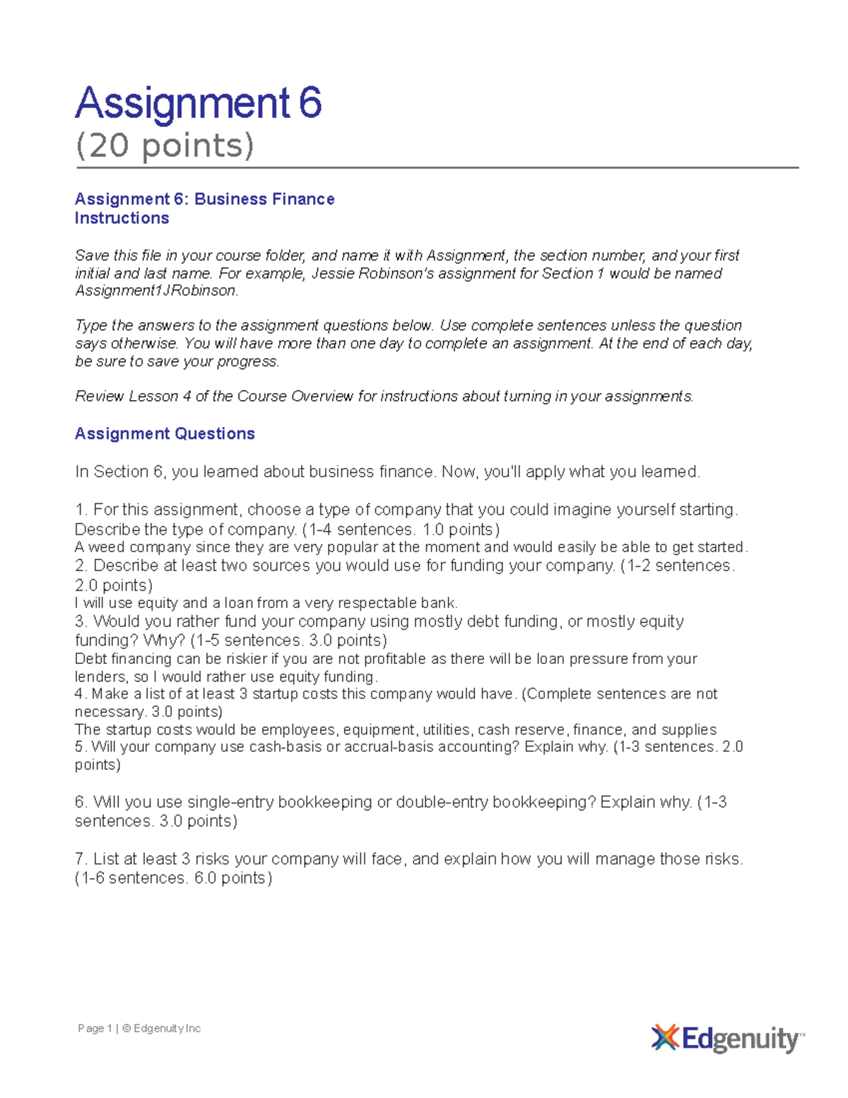 assignment 6 business finance instructions