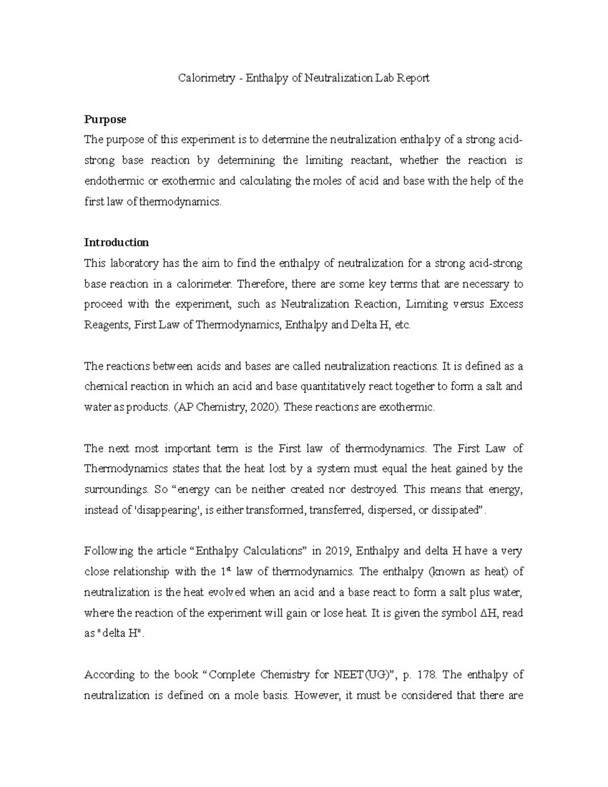 Calorimetry LAB Report - Calorimetry - Enthalpy of Neutralization Lab ...