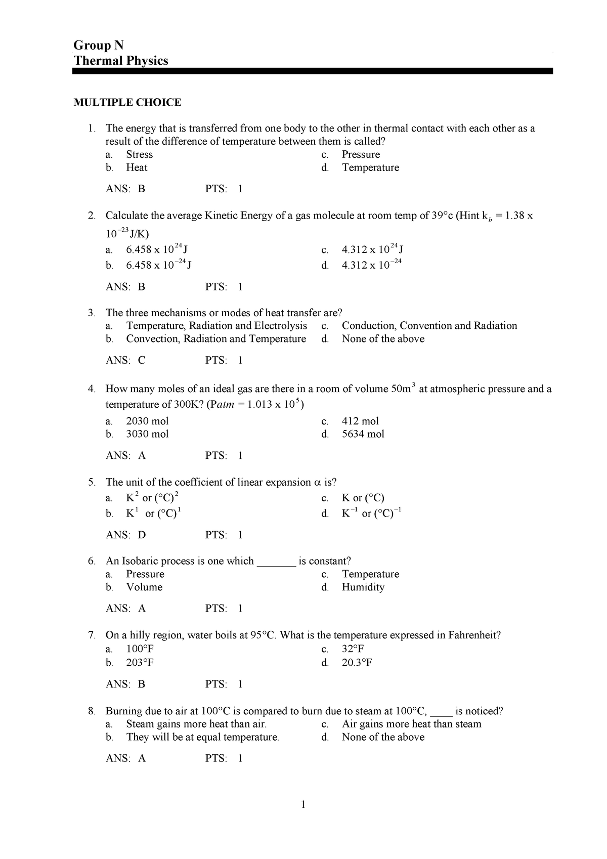 N Thermal Physics - Practice work - 1 Group N Thermal Physics MULTIPLE ...