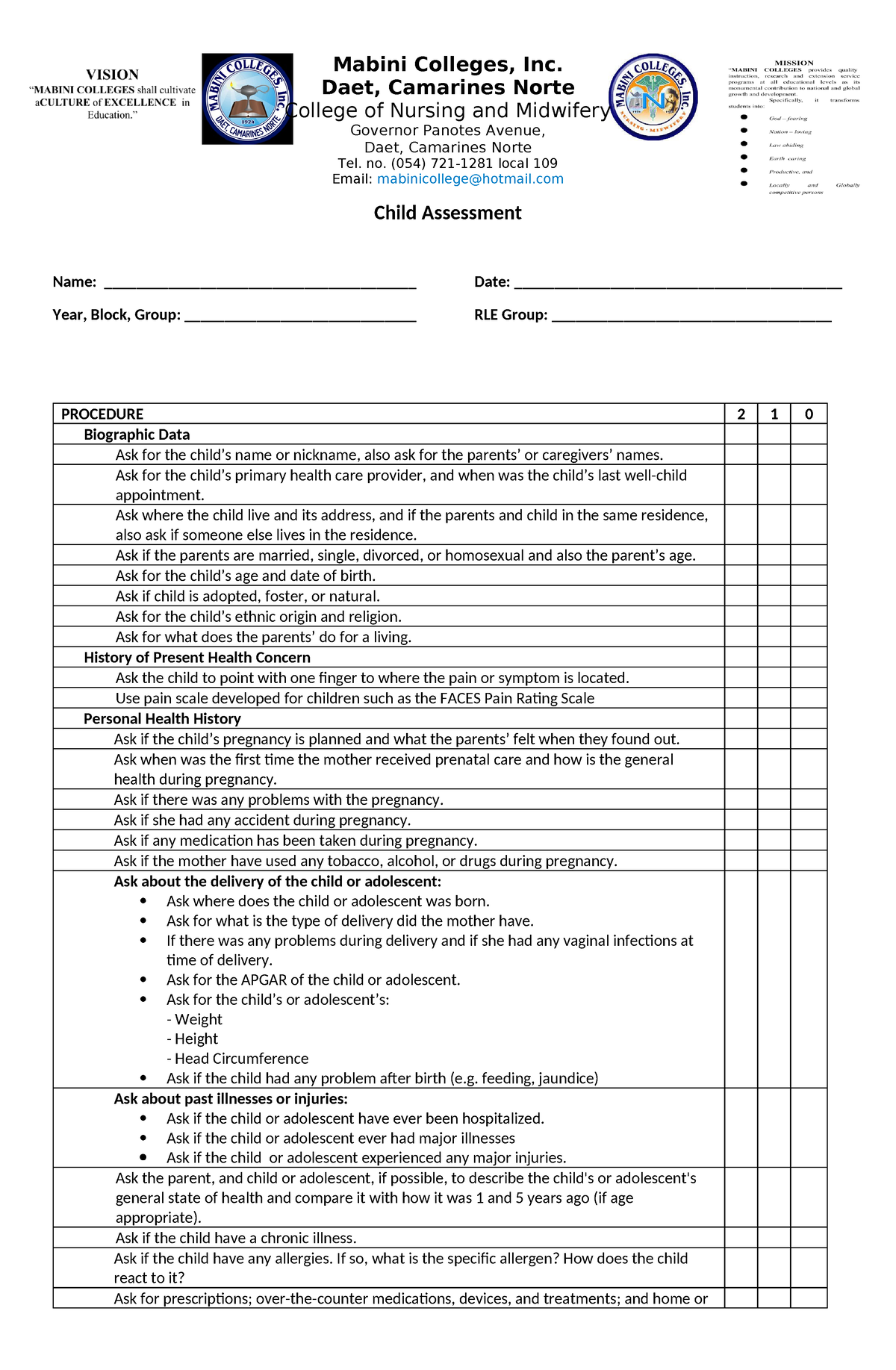 Head to Toe Assessment Checklist - Mabini Colleges, Inc. Daet ...