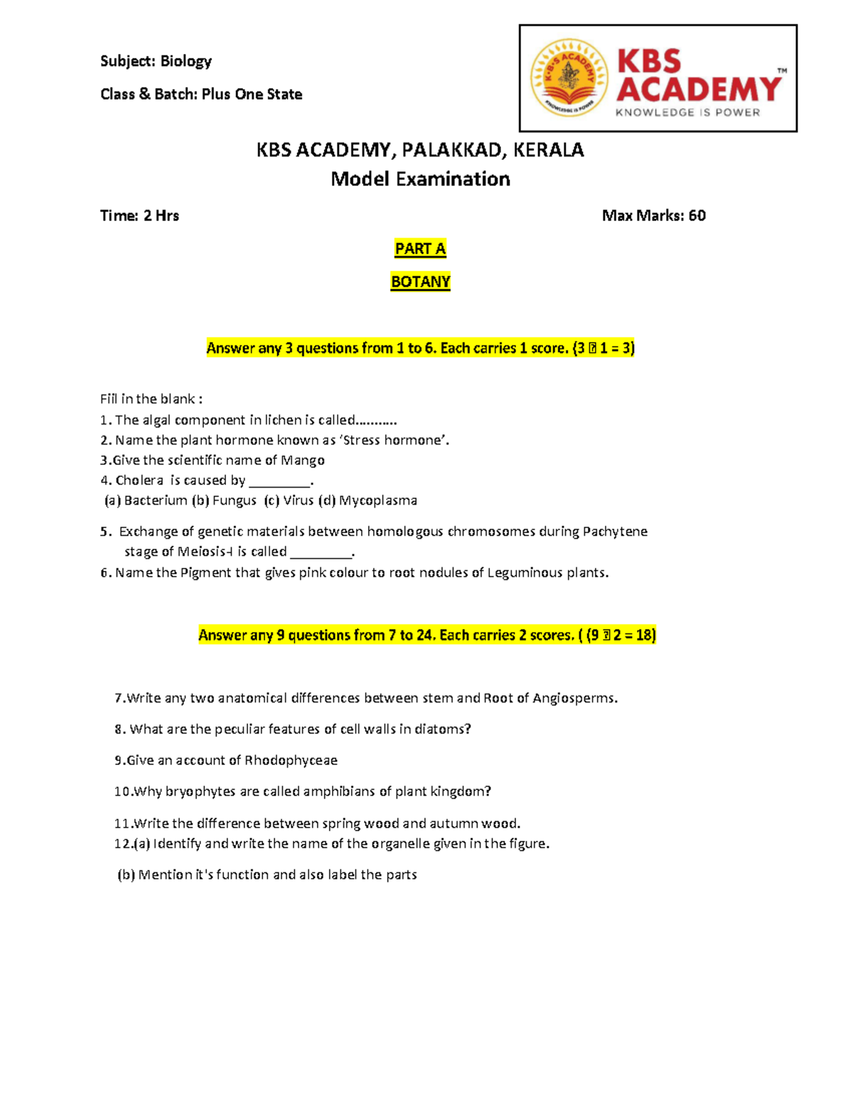 Mode question paper Biology - Class & Batch: Plus One State KBS ACADEMY ...