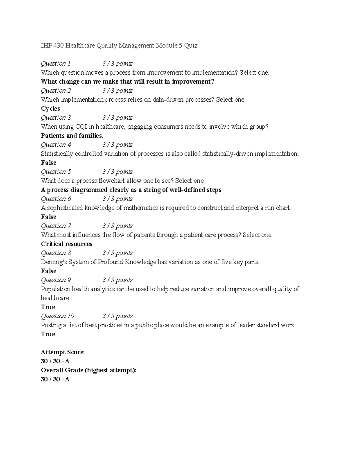 IHP 430 Healthcare Quality Management Module 5 Quiz - What Change Can ...