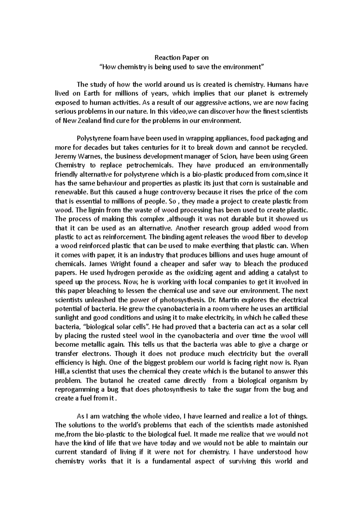 CHEMESTRY Reaction Paper on “How chemistry is being used to save the ...