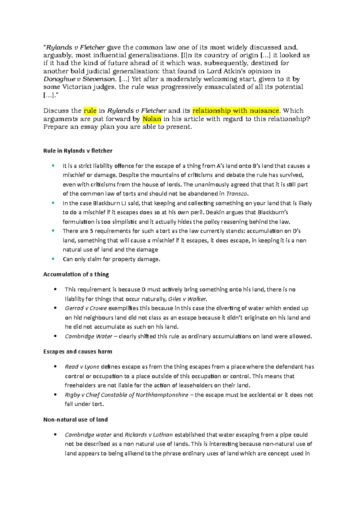 Rylands v Fletcher Essay qu - done - LAW-5025B - UEA - Studocu