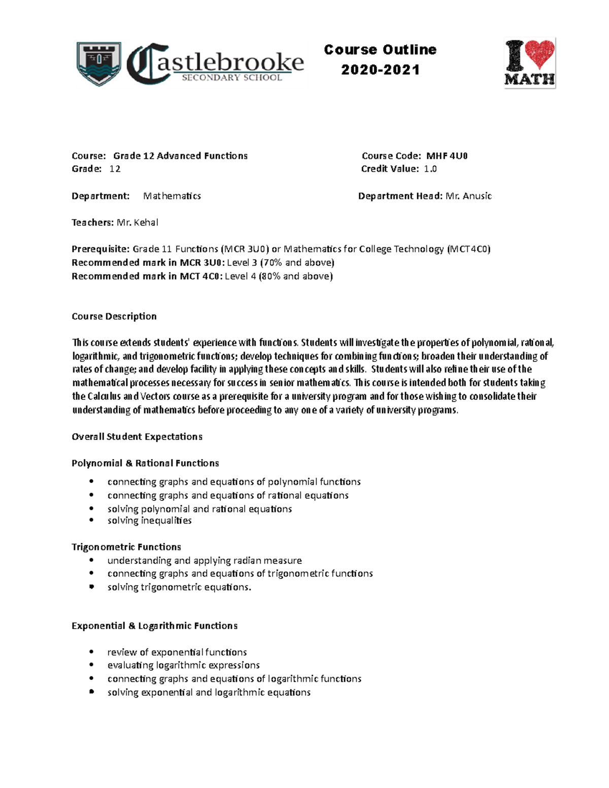 MHF 4U0 Course Outline Feb 2022 - Course: Grade 12 Advanced Functions ...