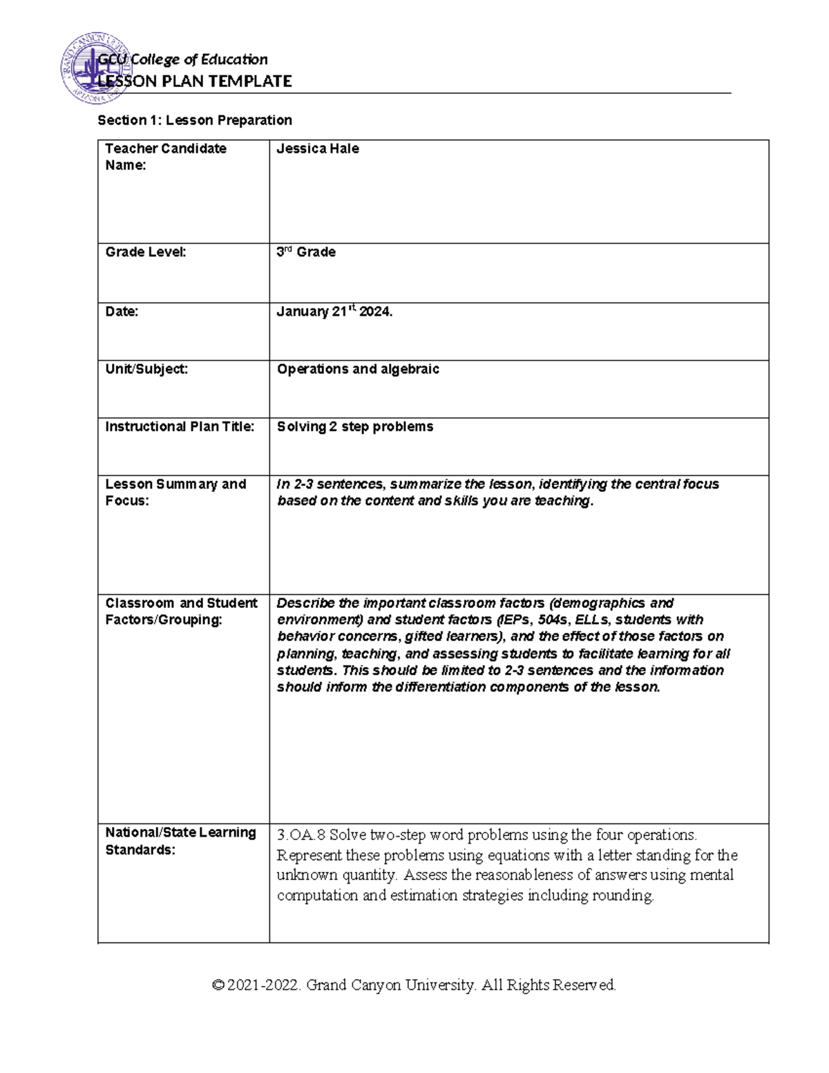 Wk 6 lesson plan - LESSON PLAN TEMPLATE Section 1: Lesson Preparation ...