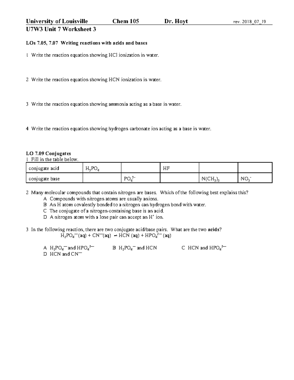 U7W3 Unit 7 wks 3 - Chem 105 Unit 7 Worksheet 3. Course taught by Dr ...