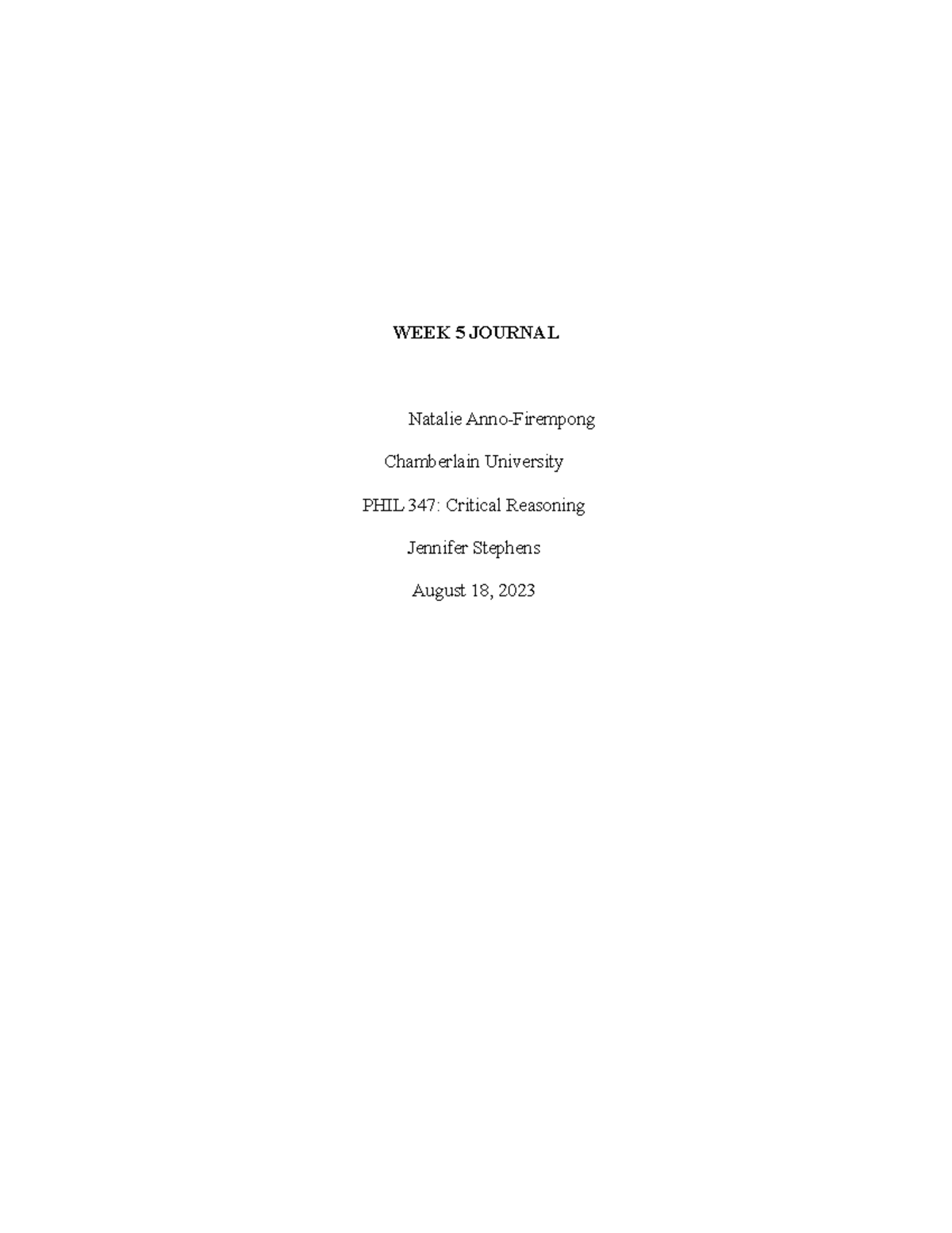 WEEK 5 Journal - Notes - WEEK 5 JOURNAL Natalie Anno-Firempong ...