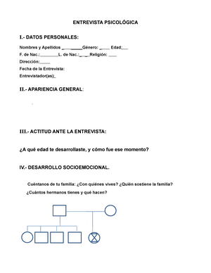 Formato DE Entrevista Psicologica PARA Adolescente S - ENTREVISTA  PSICOLÓGICA  DATOS PERSONALES: - Studocu