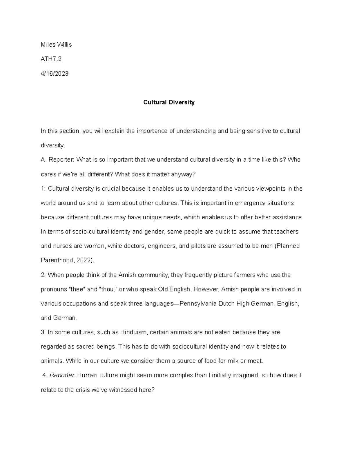 ATH 7 - Final essay - Miles Willis ATH7. 4/16/ Cultural Diversity In ...