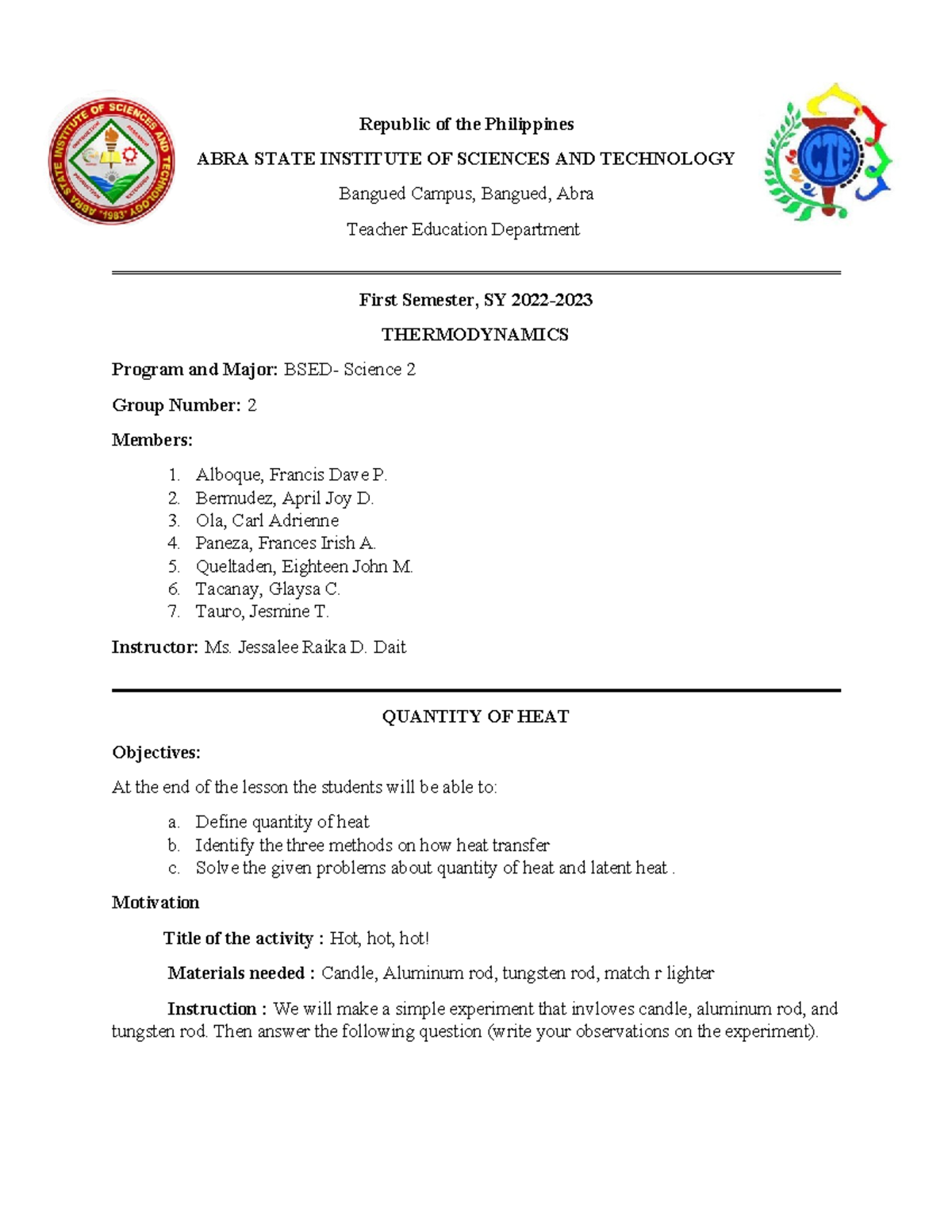 Quantity OF HEAT (LP) - LESSON PLAN - Republic of the Philippines ABRA ...