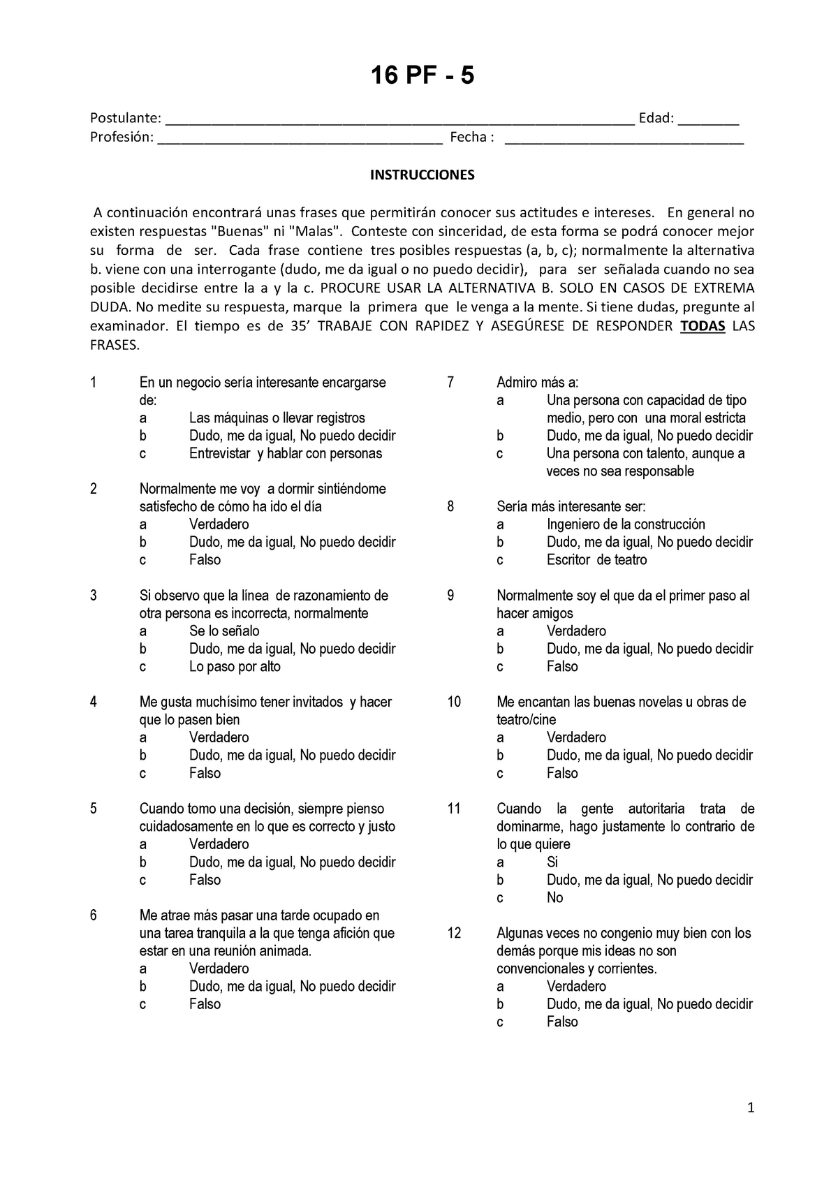 S13.s2-Cuadernillo De Preguntas 16 PF-5 - 16 PF - 5 Postulante: - Studocu