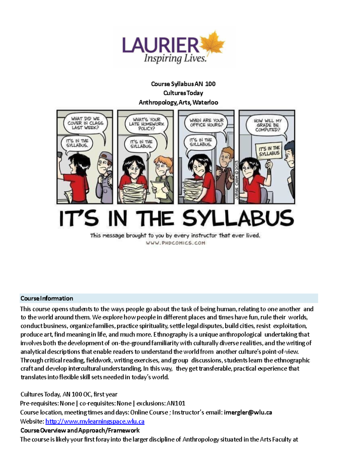 AN100 OC Syllabus - Course Syllabus AN 100 Cultures Today Anthropology ...