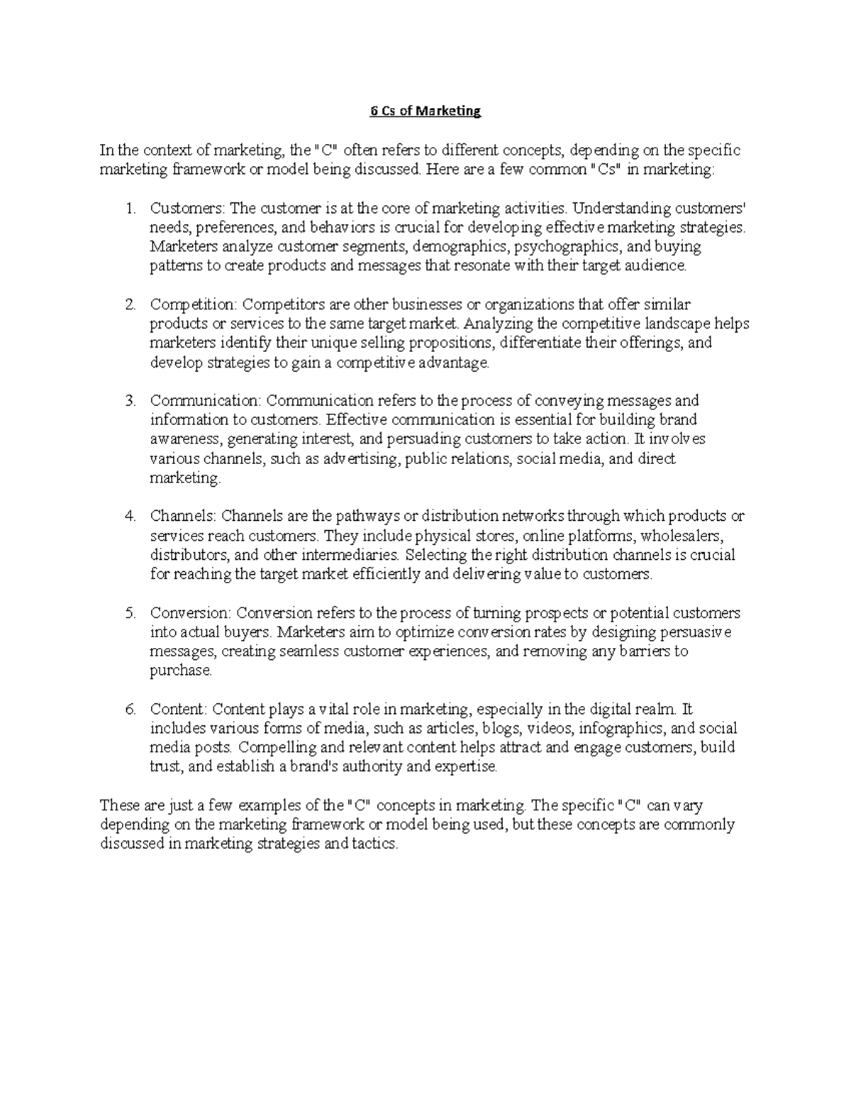 6 Cs of Marketing - Marketing for Purchasers - JKUAT - Studocu