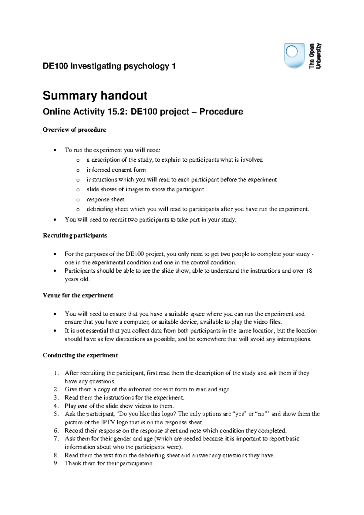 Online Activity 15.2 handout - DE100 Investigating psychology 1 Summary ...