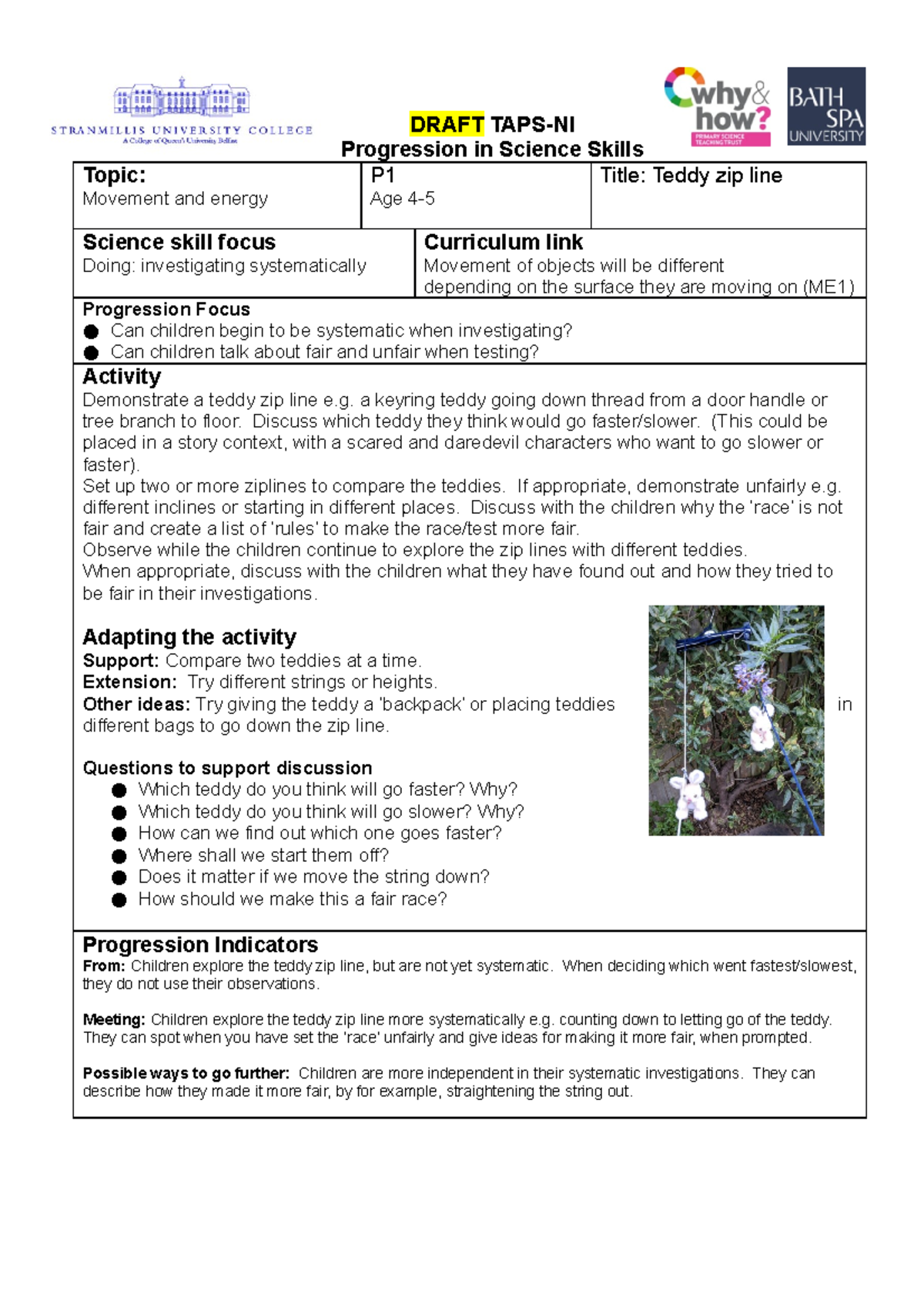 TAPS NI foc task P1 Teddy zip line Draft - DRAFT TAPS-NI Progression in ...