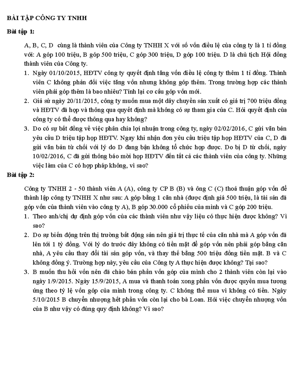 BÀI TẬP CÔNG TY TNHH - Một Số Bài Tập Tham Khảo Về Loại Hình Công Ty ...
