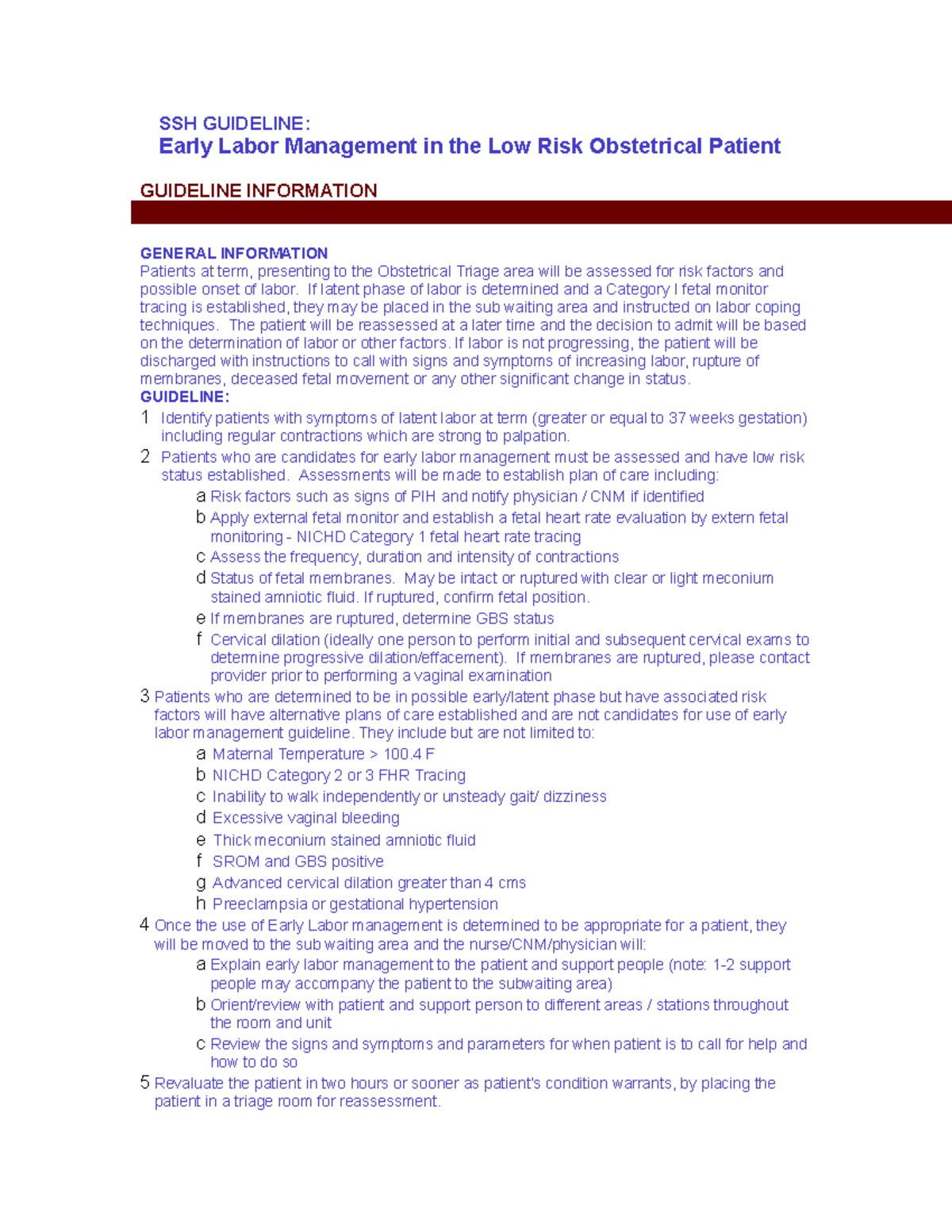 MOC-SOL-Early Labor Mgmt In Low Risk OBPatient - SSH GUIDELINE: Early ...