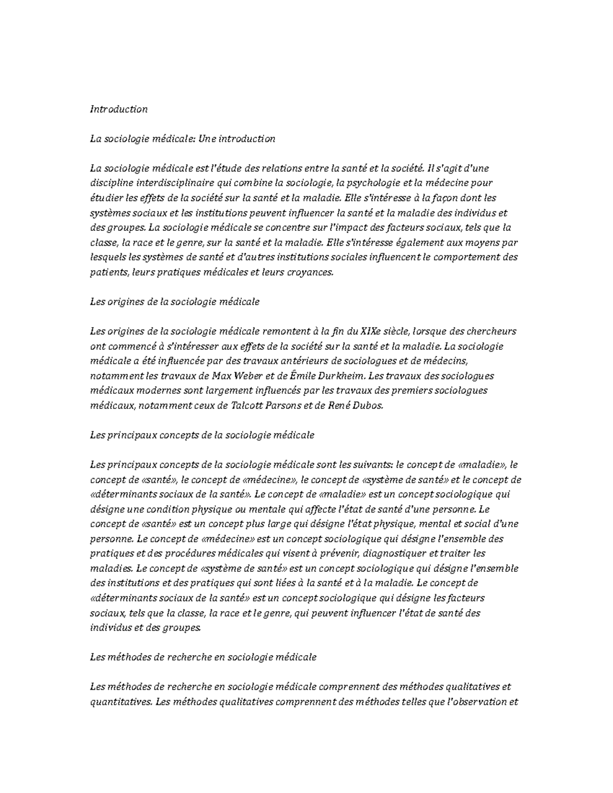 Medical Sociology Notes de cours - Introduction La sociologie médicale ...