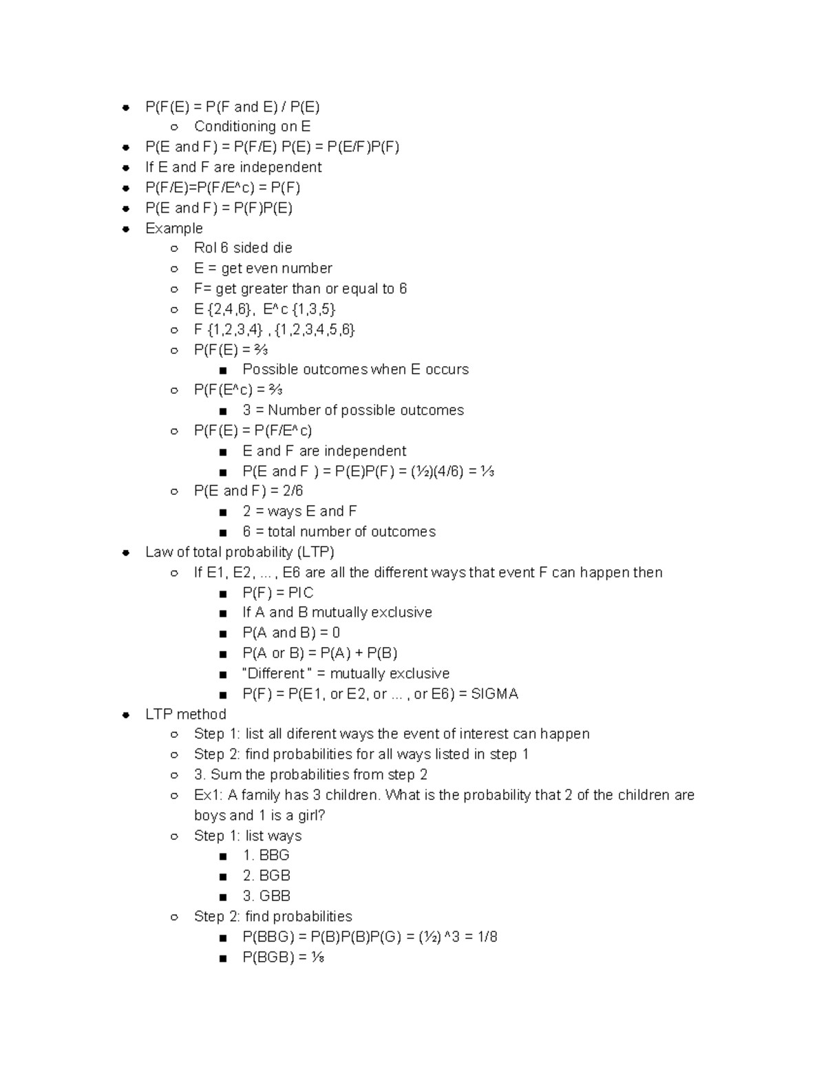 Stat 13 lecture 7 - P(F(E) = P(F and E) / P(E) Conditioning on E P(E ...