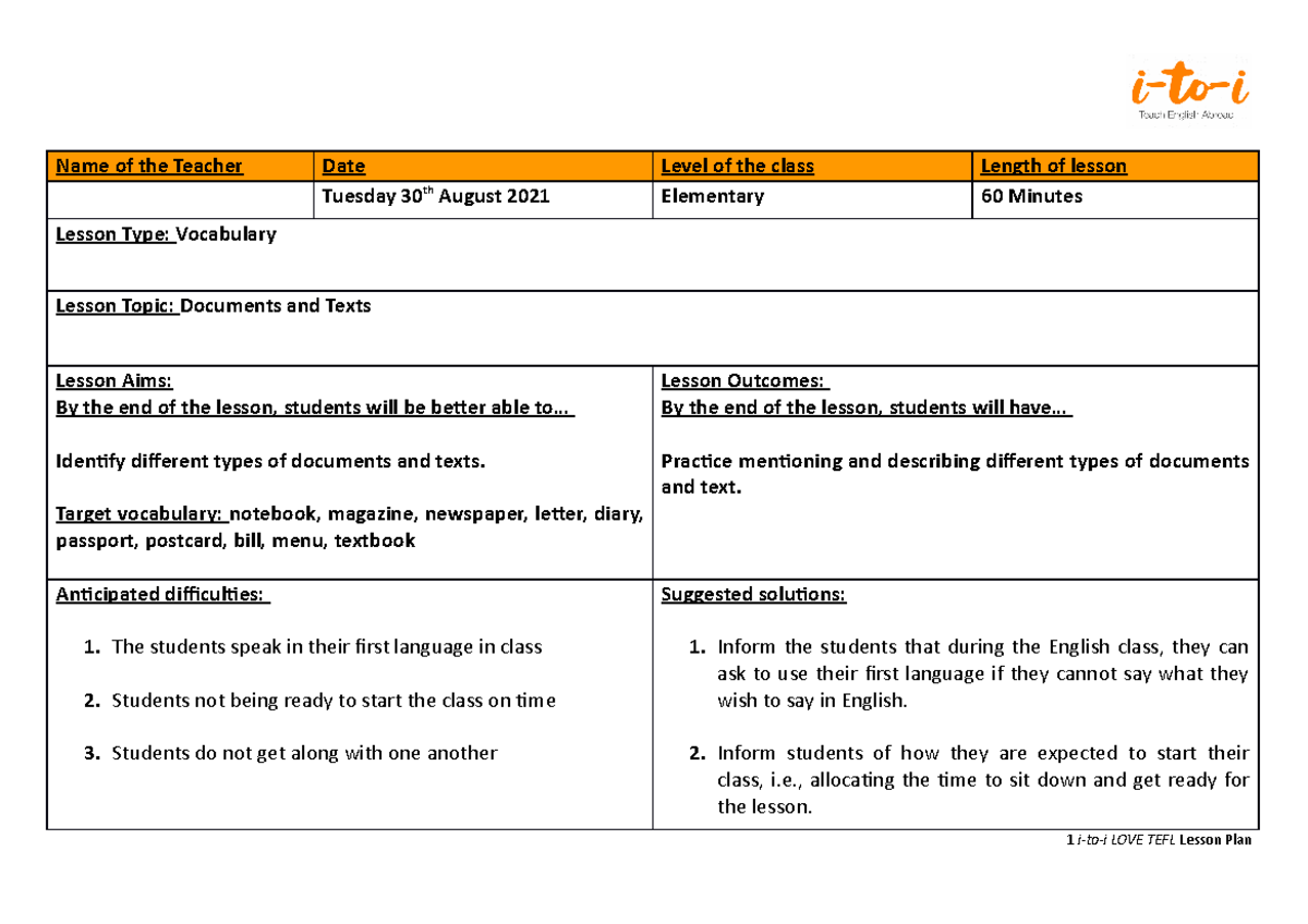 vocabulary lesson plan assignment