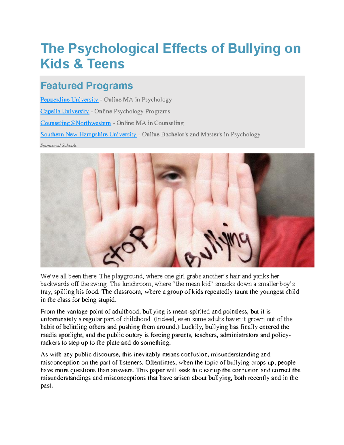 The Psychological Effects Of Bullying On Kids - The Playground, Where ...