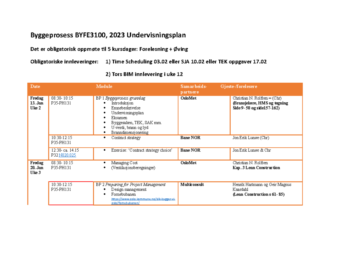 Undervisningsplan+Byggeprosess+2023 - Byggeprosess BYFE3100, 2023 ...