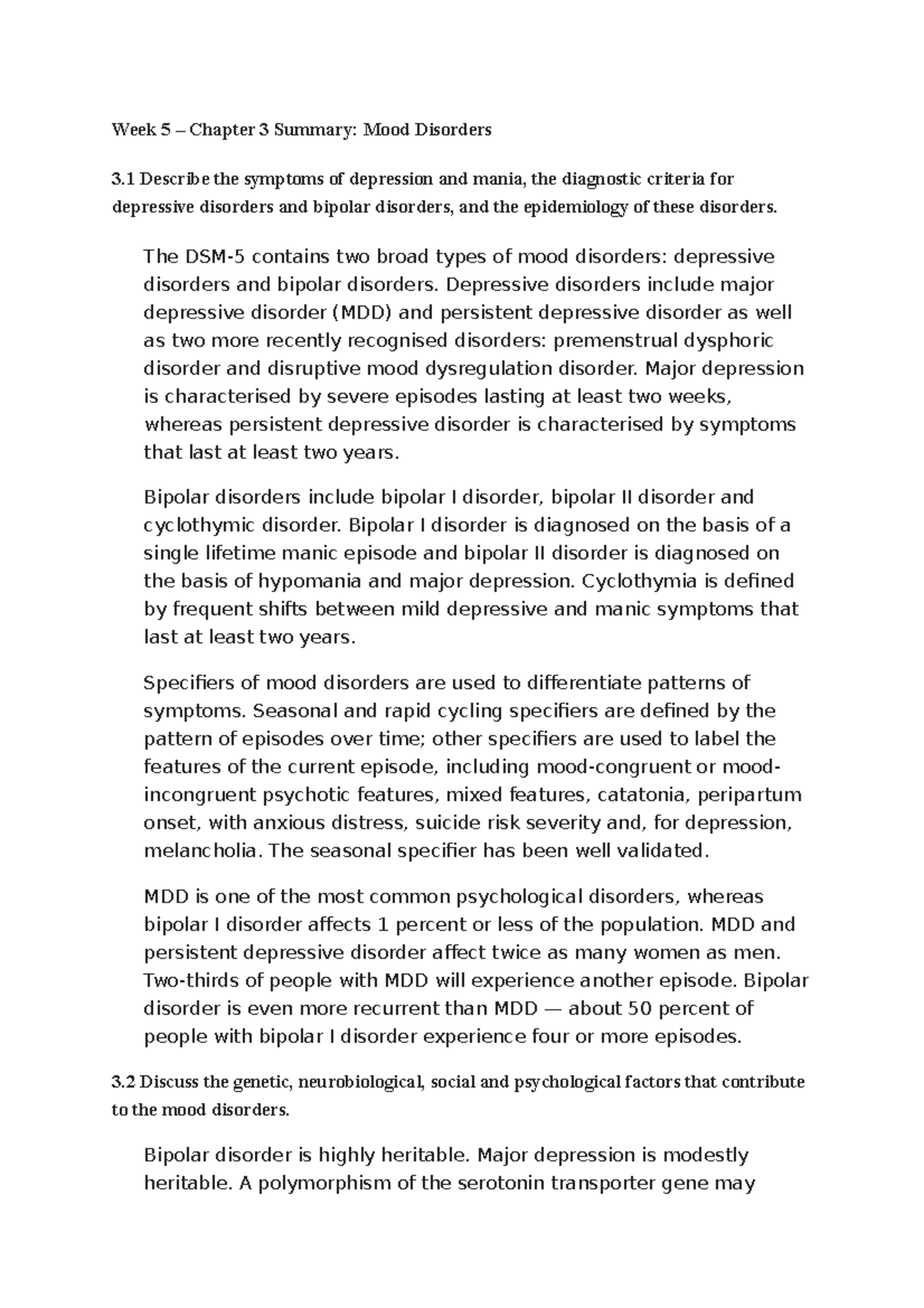 Chp 3 Summary - Week 5 – Chapter 3 Summary: Mood Disorders 3 Describe ...