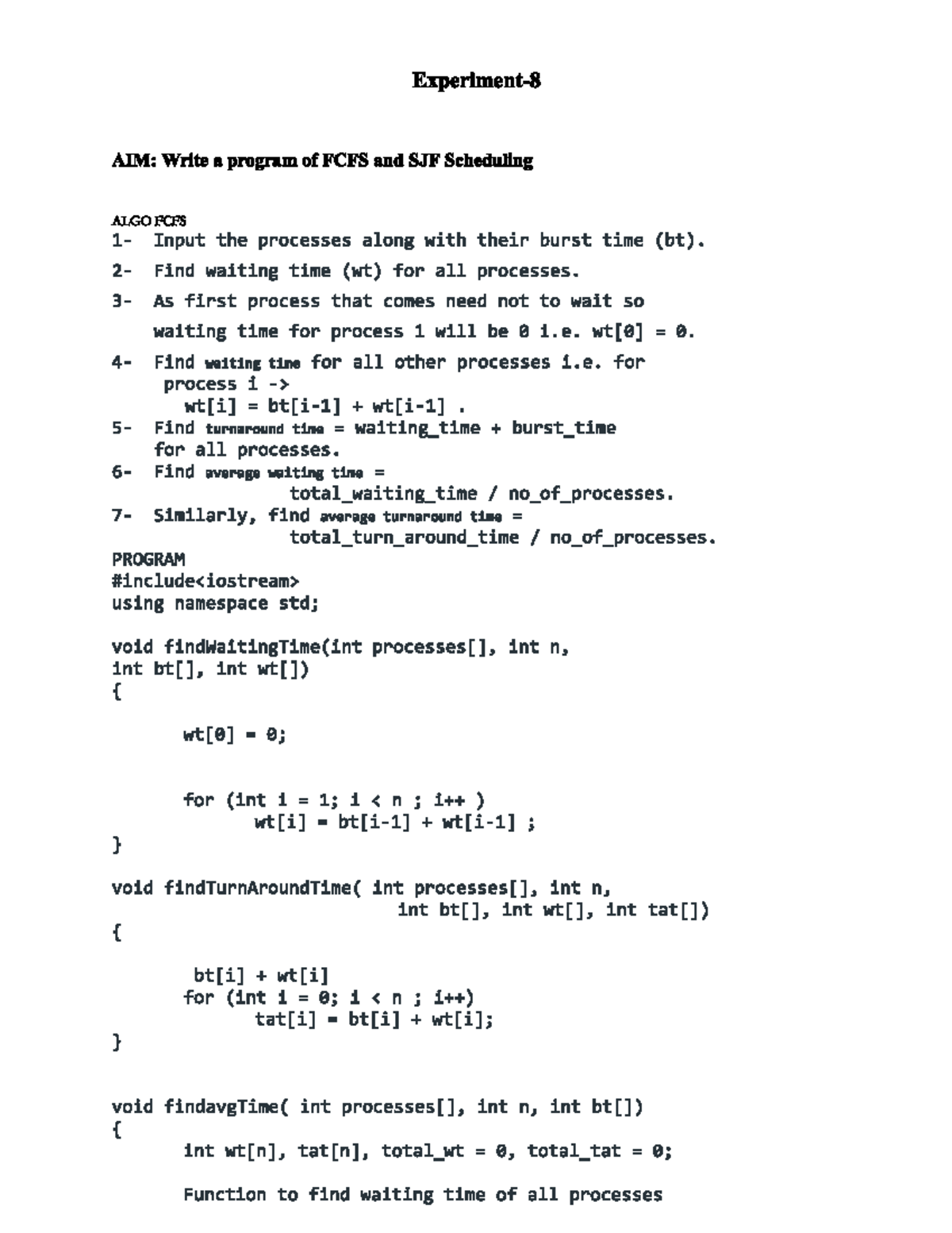 Oslabfile - os lab file - AIM: Write a program of FCFS and SJF ...