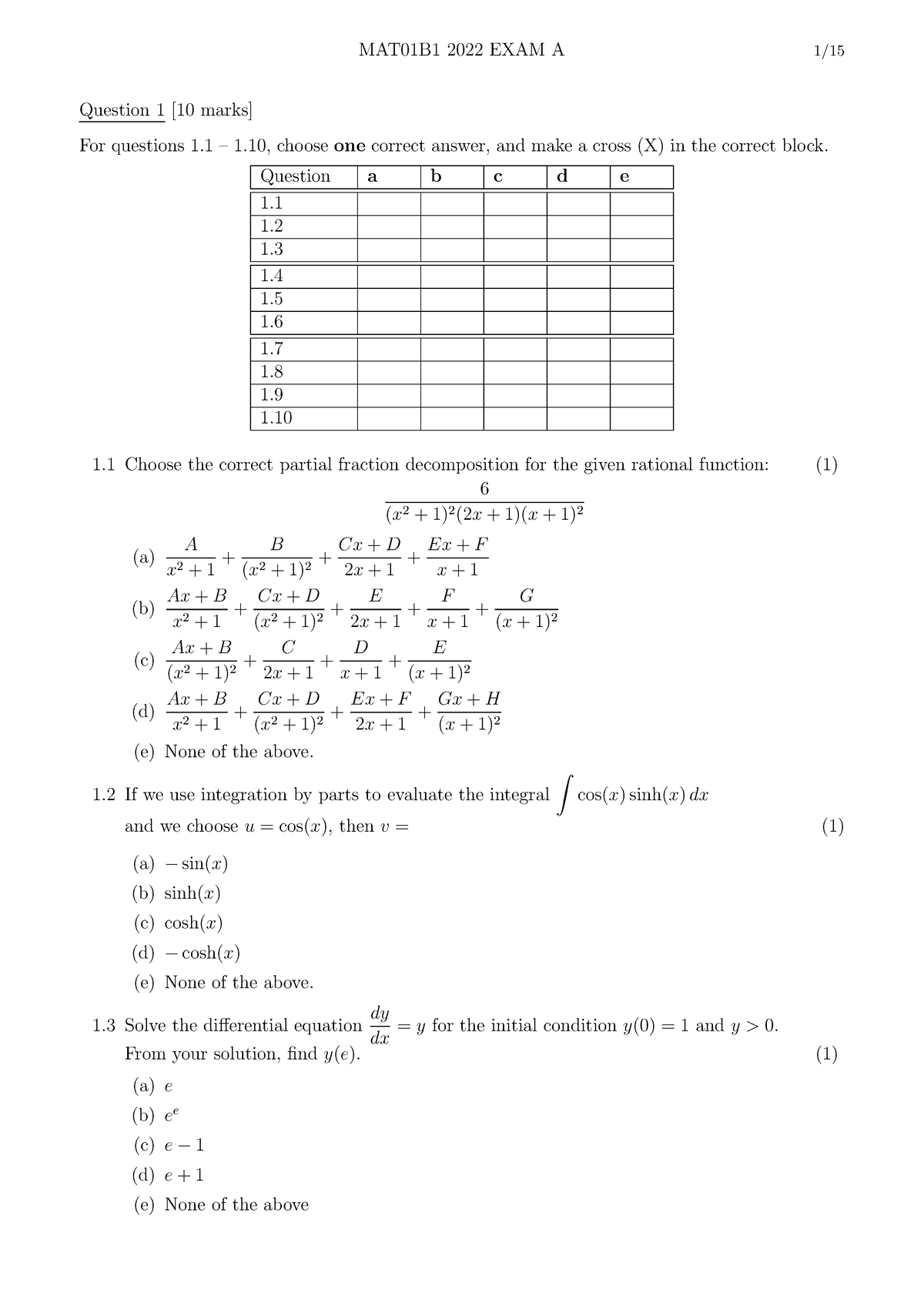 MAT01B1 Exam A - Final Examination Papers for 2022. - Question 1 [10 ...