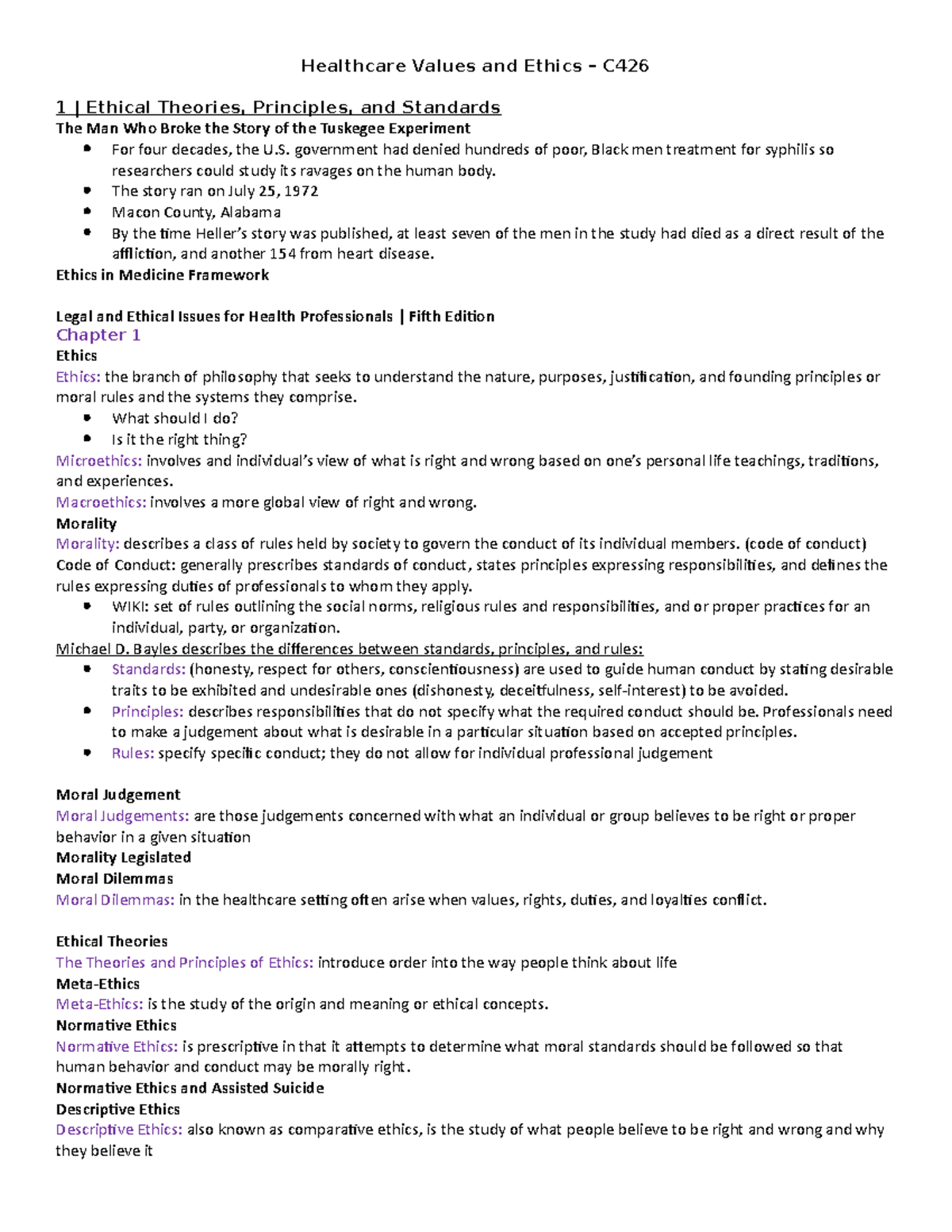 1 Notes - n/a - Healthcare Values and Ethics – C 1 | Ethical Theories ...