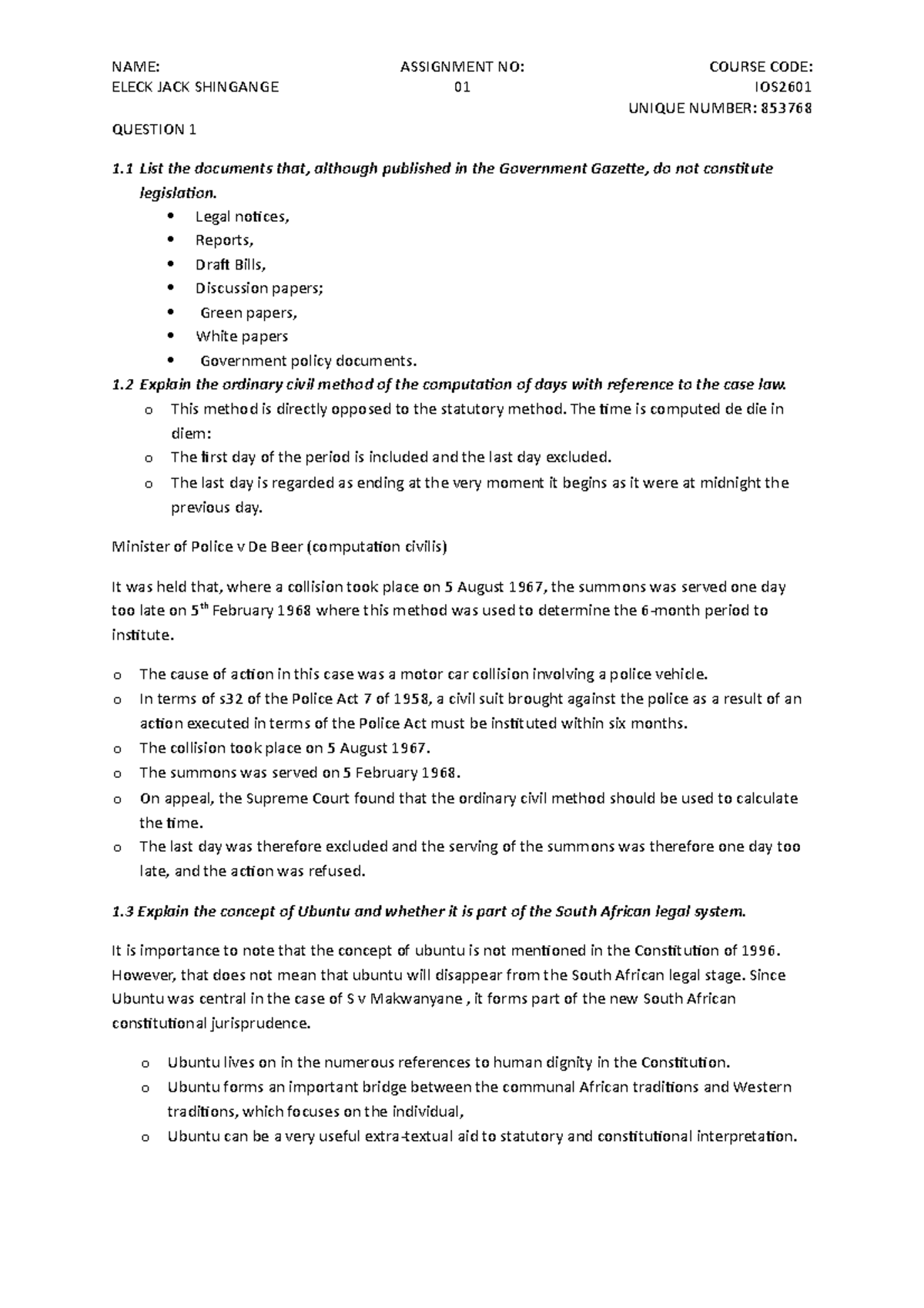 Assignment Number 1 IOS2601 FOR ANSWERS - NAME: ASSIGNMENT NO: COURSE ...