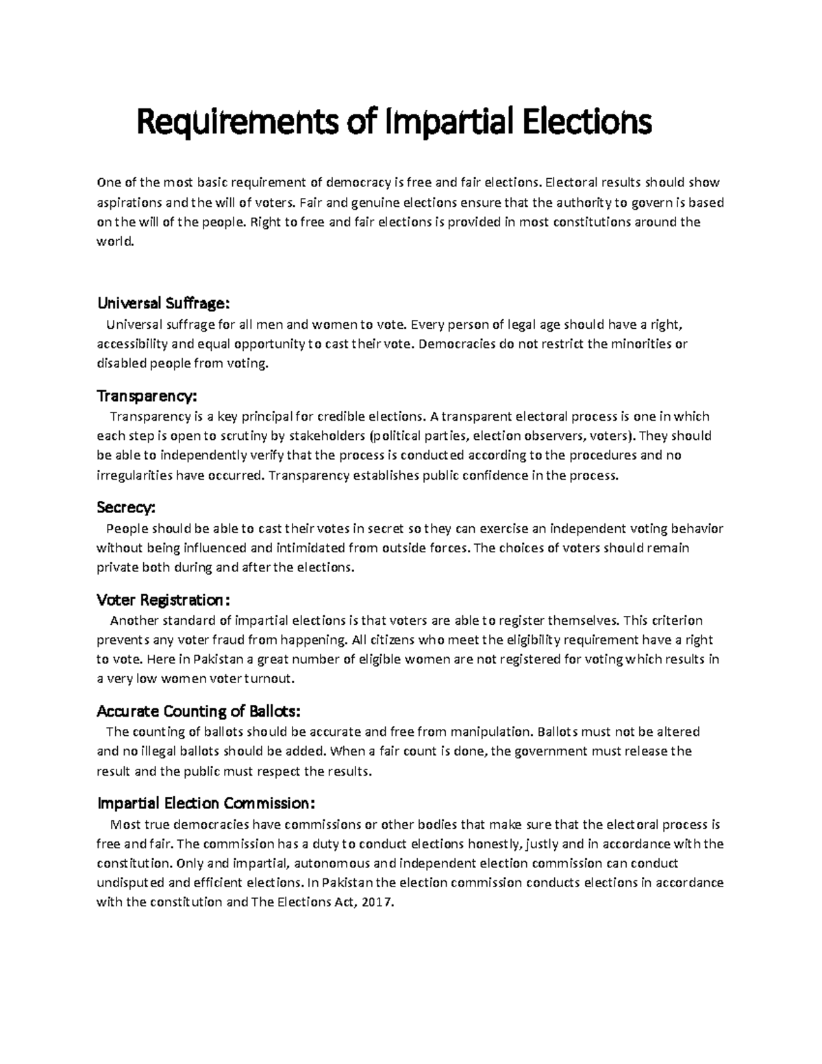 Requirements of Impartial Elections - Electoral results should show ...
