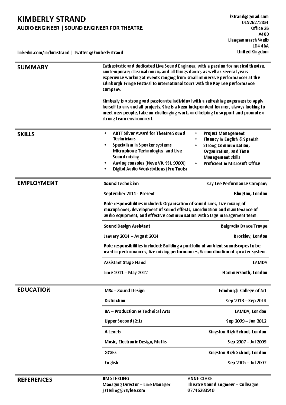 CVExample 1 - CV Example - KIMBERLY STRAND AUDIO ENGINEER | SOUND ...