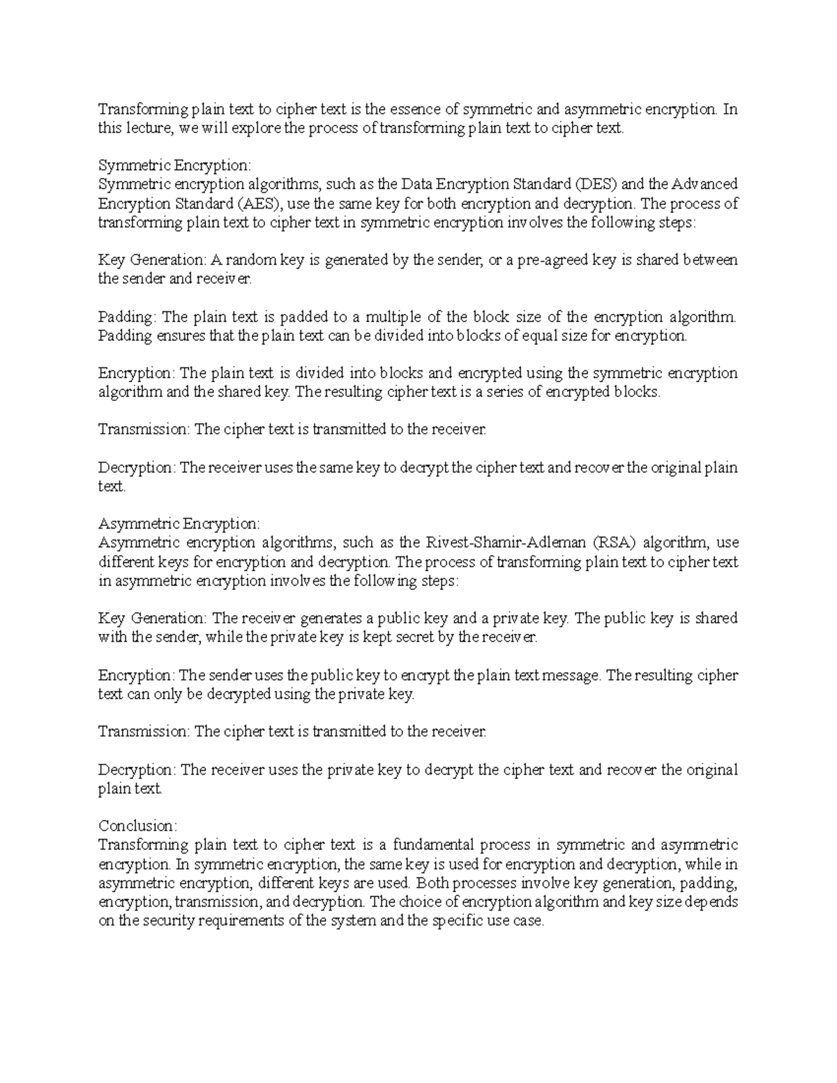 Plain text to cipher text - In this lecture, we will explore the ...