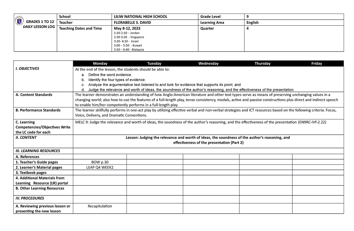 DLL ENG9 Q4 WEEK2 - DLL - GRADES 1 TO 12 DAILY LESSON LOG School LILIW ...