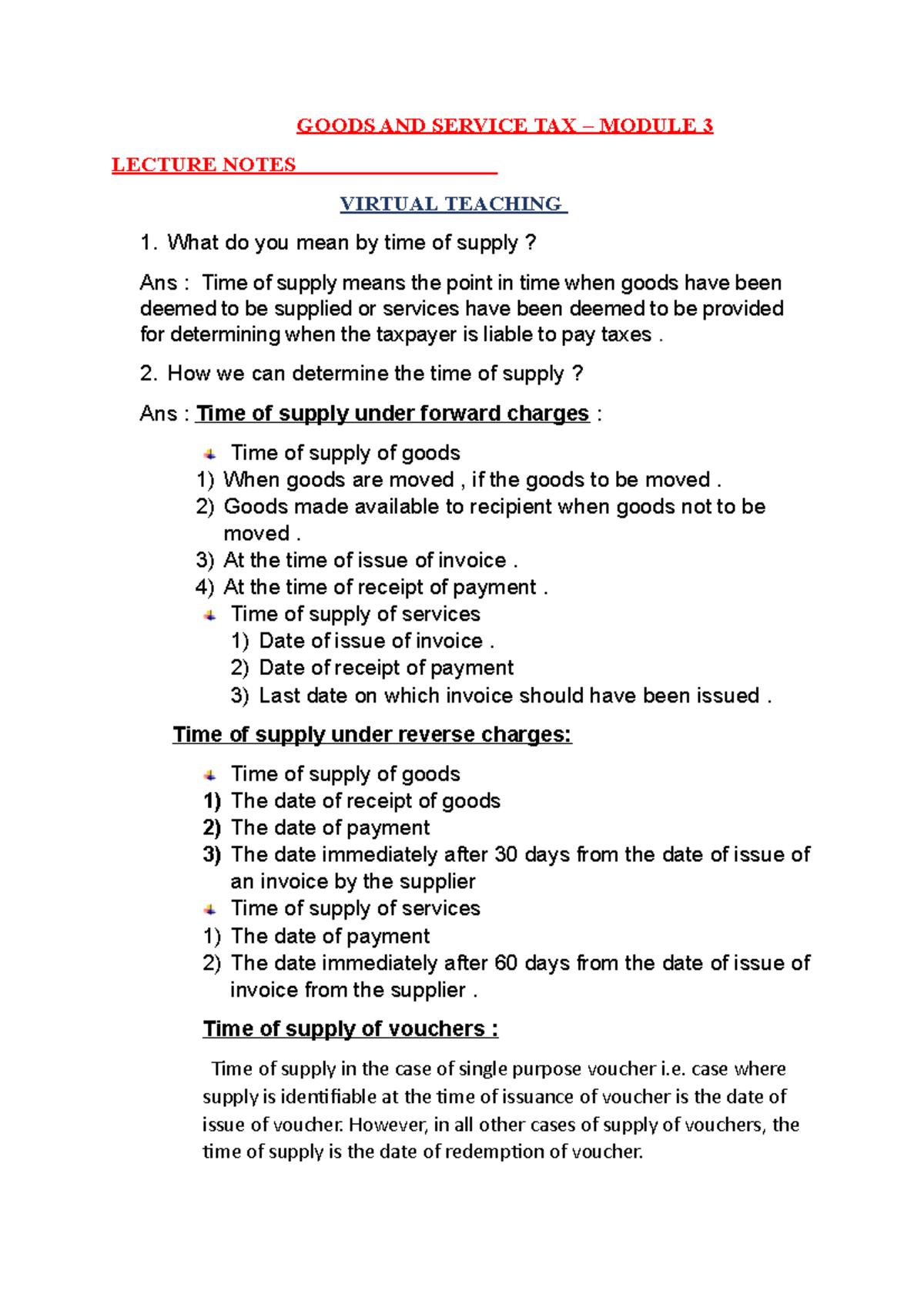 Gst Mod 3 - Module 3 Gst Notes - GOODS AND SERVICE TAX – MODULE 3 ...