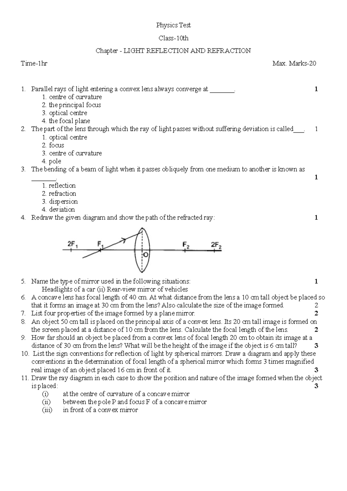 10th test - Physics Test Class-10th Chapter - LIGHT REFLECTION AND ...