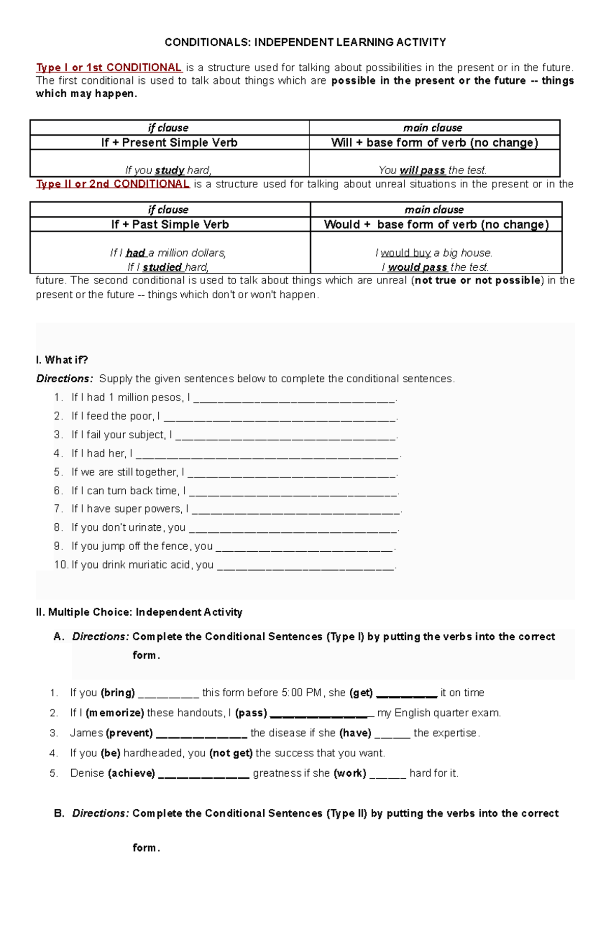 CONDITIONAL STATEMENT TEST - CONDITIONALS: INDEPENDENT LEARNING ...
