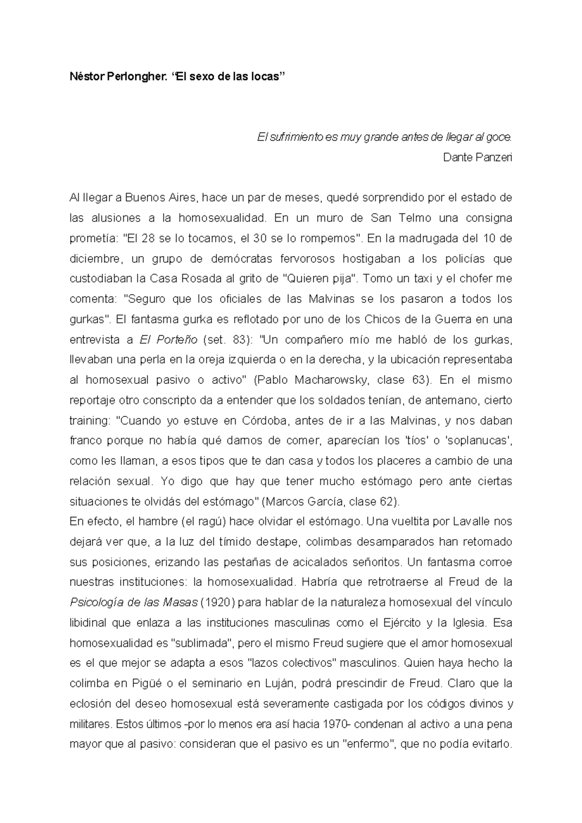 Perlongher-El-sexo-de-las-locas (1) - Néstor Perlongher. “El sexo de las  locas” El sufrimiento es - Studocu