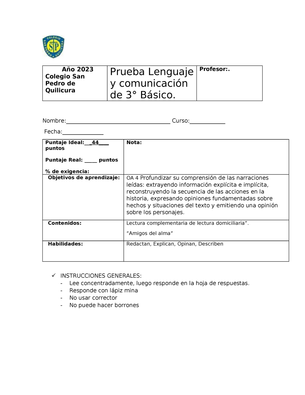 Prueba Libro 3ro Basico - Año 2023 Colegio San Pedro De Quilicura ...